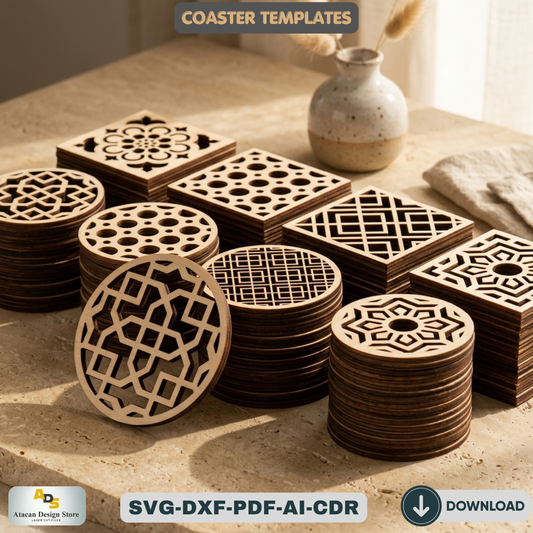 Wood Coaster Design Set / Glowforge Ready / Laser cut Svg Dxf files / Trivet Grill Cutting files 172