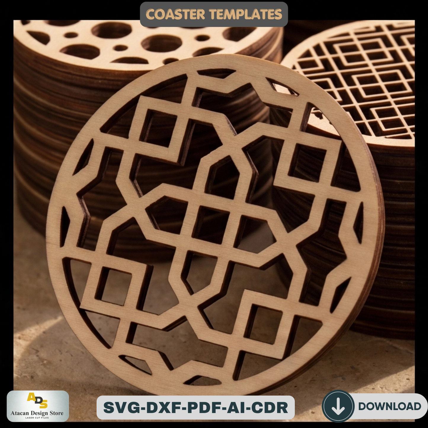 Wood Coaster Design Set / Glowforge Ready / Laser cut Svg Dxf files / Trivet Grill Cutting files 172