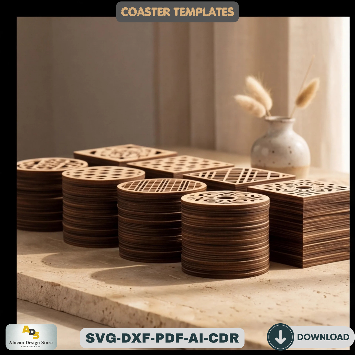 Wood Coaster Design Set / Glowforge Ready / Laser cut Svg Dxf files / Trivet Grill Cutting files 172