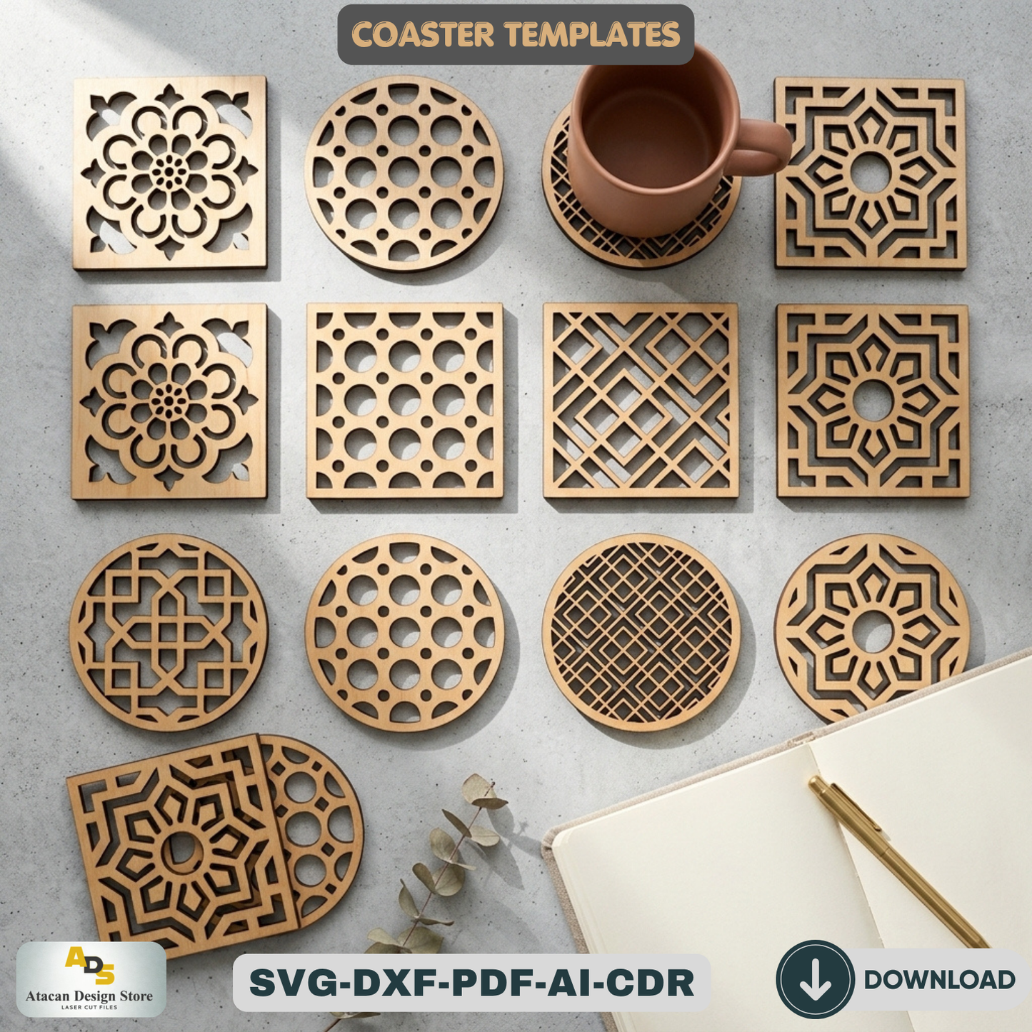 Wood Coaster Design Set / Glowforge Ready / Laser cut Svg Dxf files / Trivet Grill Cutting files 172