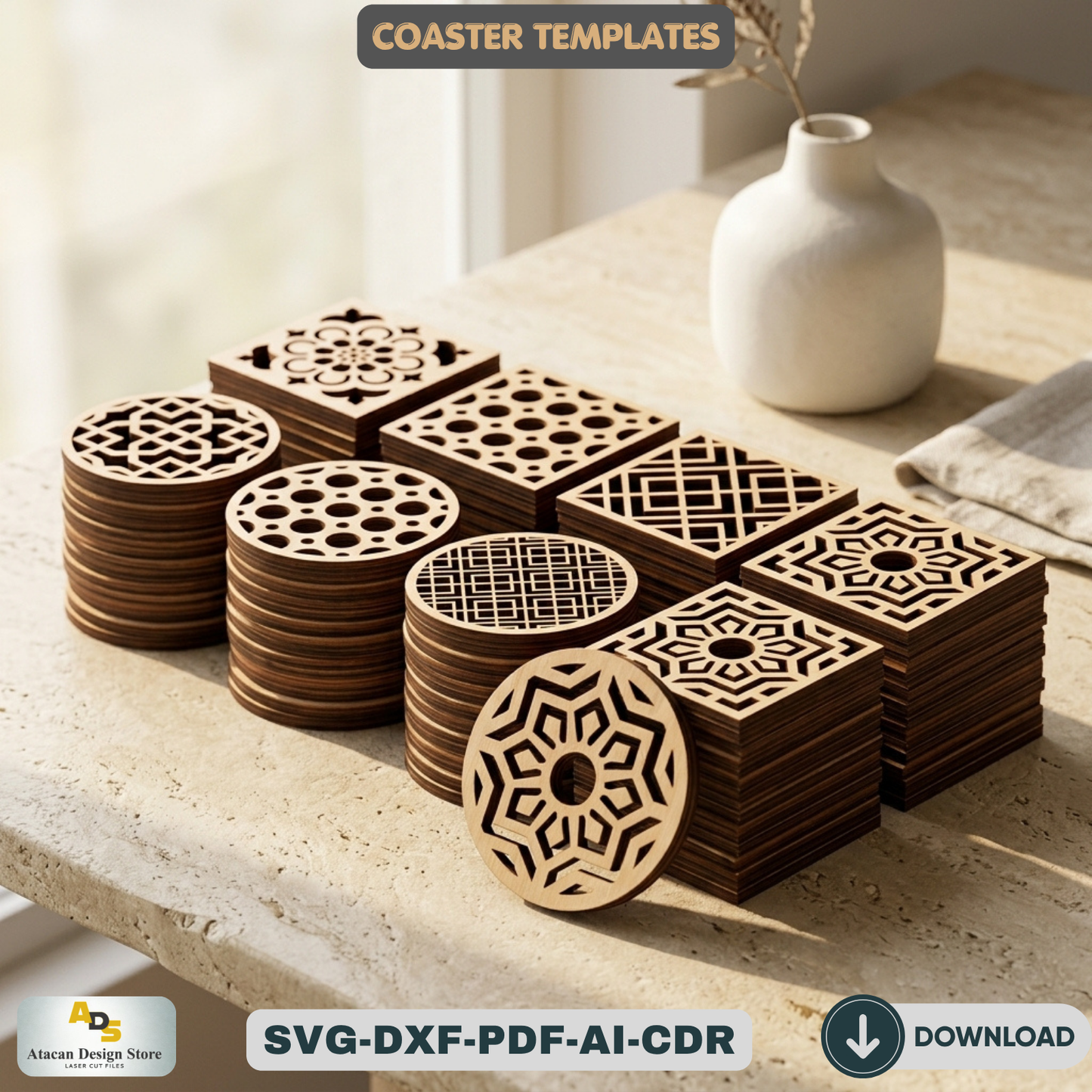 Wood Coaster Design Set / Glowforge Ready / Laser cut Svg Dxf files / Trivet Grill Cutting files 172