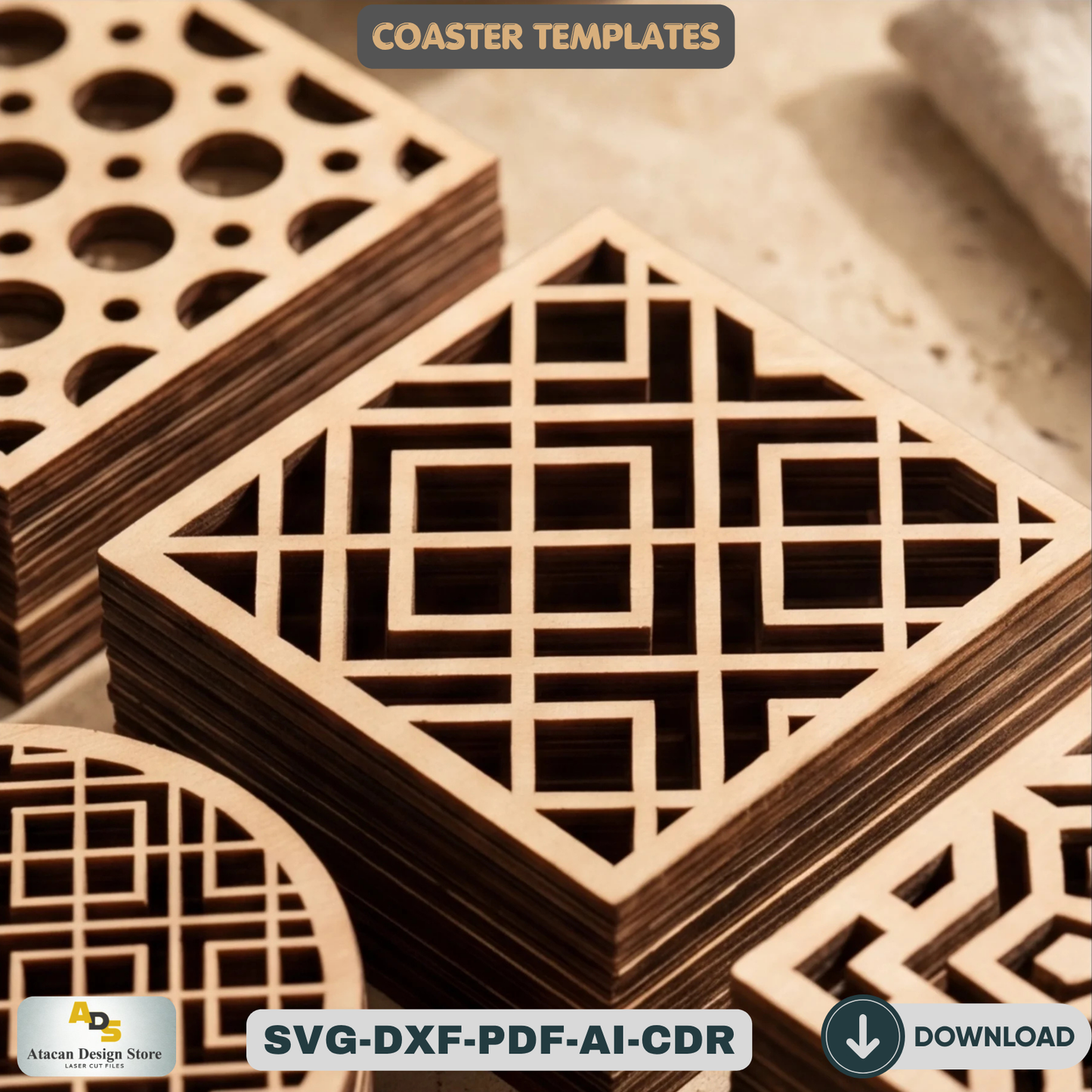 Wood Coaster Design Set / Glowforge Ready / Laser cut Svg Dxf files / Trivet Grill Cutting files 172