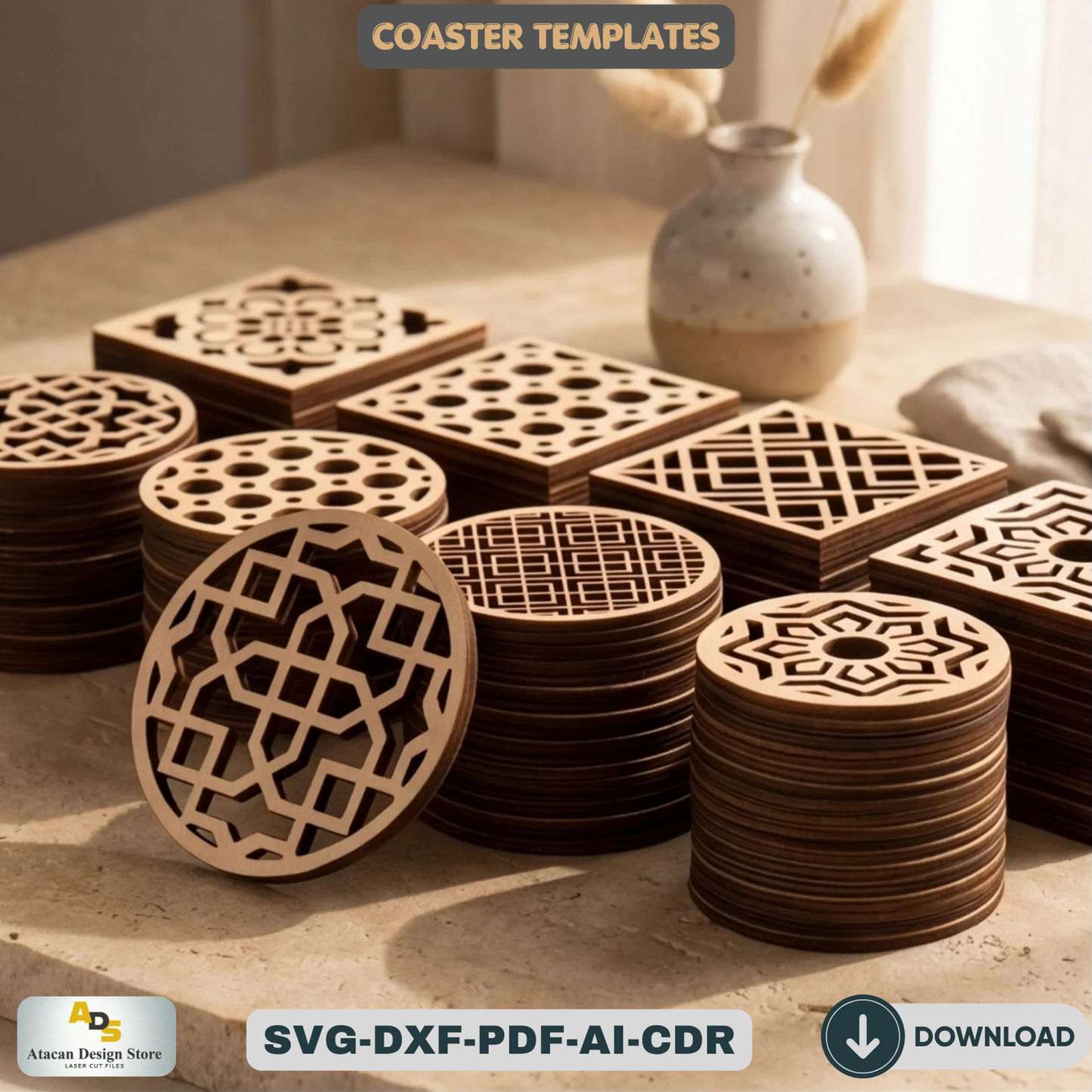 Wood Coaster Design Set / Glowforge Ready / Laser cut Svg Dxf files / Trivet Grill Cutting files 172