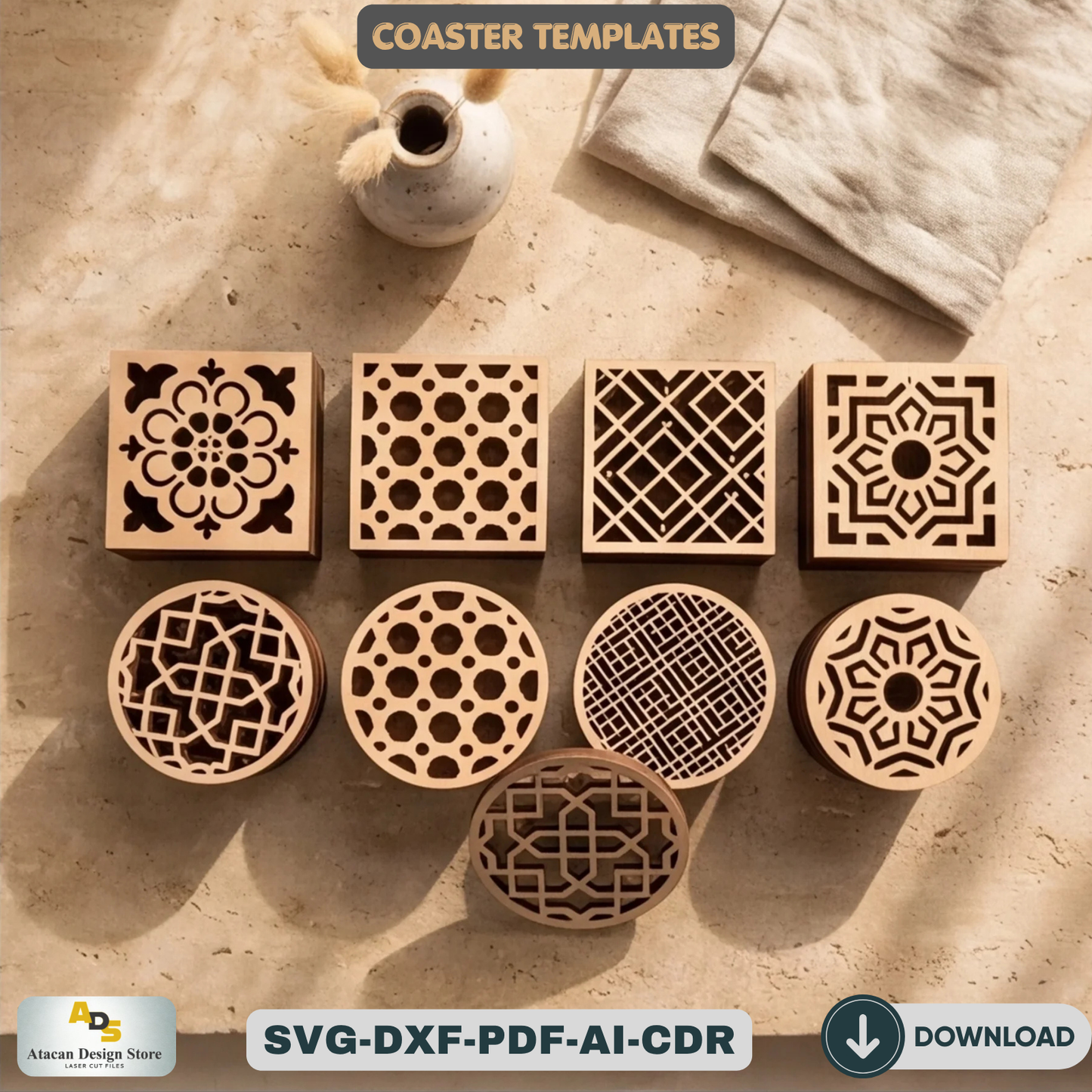 Wood Coaster Design Set / Glowforge Ready / Laser cut Svg Dxf files / Trivet Grill Cutting files 172