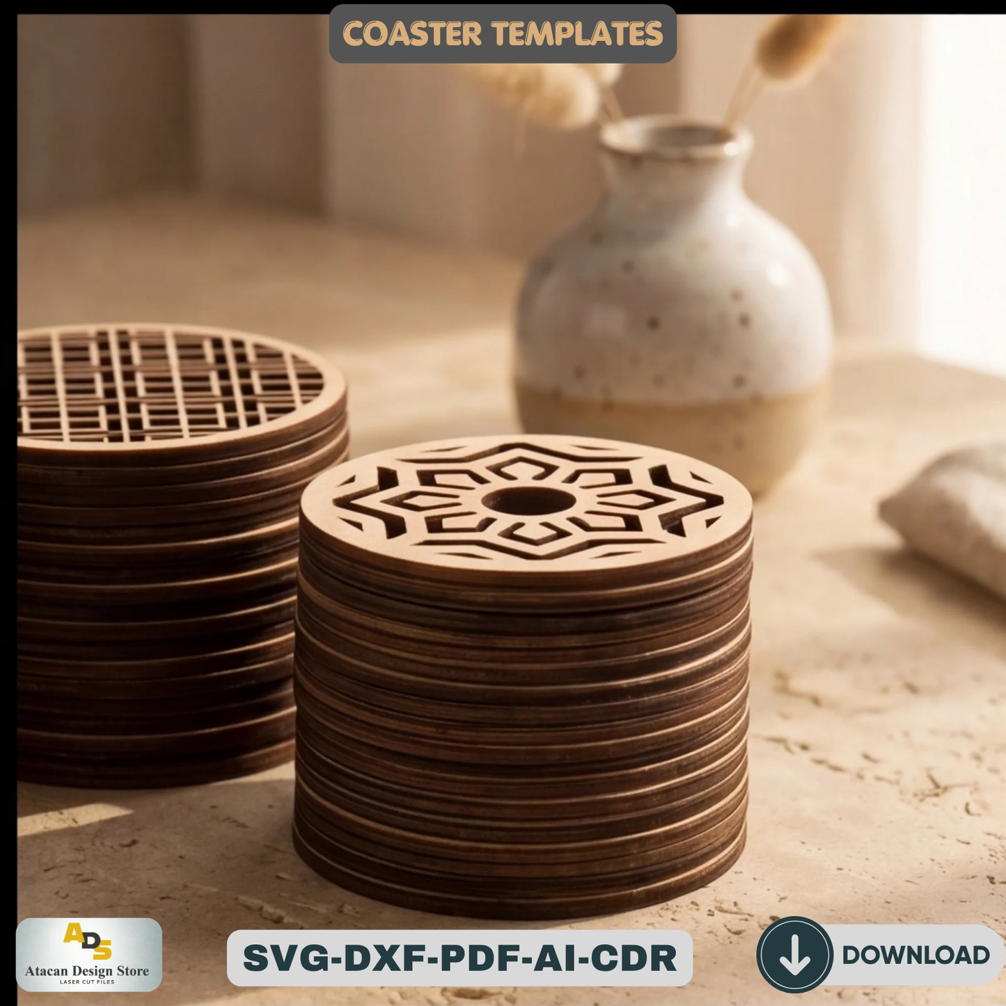 Wood Coaster Design Set / Glowforge Ready / Laser cut Svg Dxf files / Trivet Grill Cutting files 172