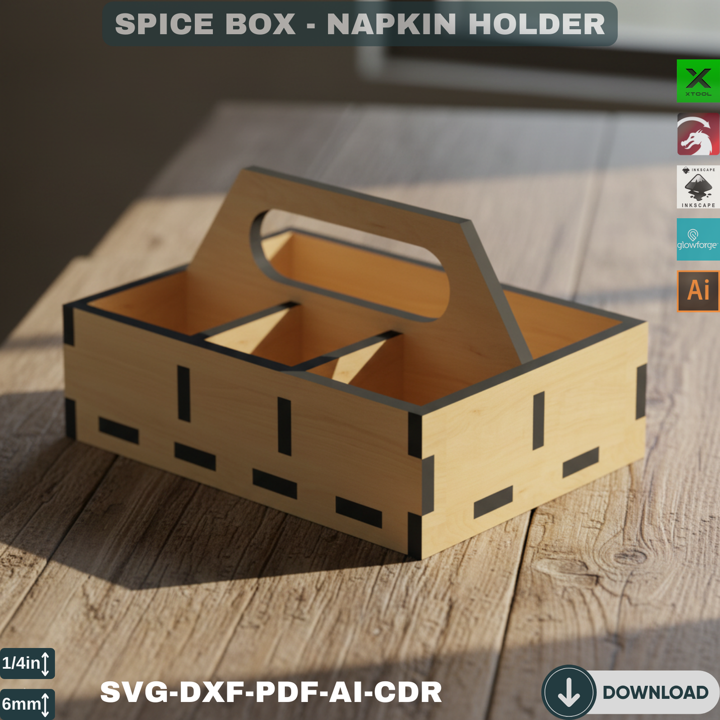 Laser Cut Spice Rack & Napkin Holder SVG, DXF  Kitchen Organizer, Tabletop Caddy for Xtool Glowforge Laser Machines