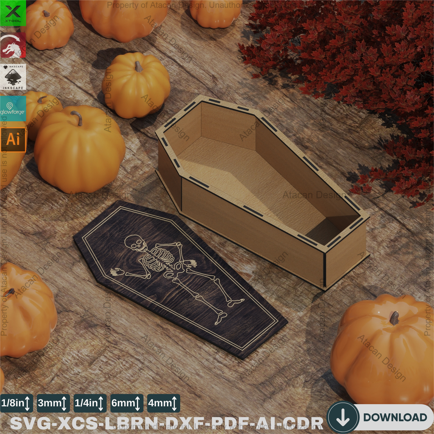 Spooky Halloween Coffin SVG | Laser Cut Templates for Gift Boxes,Laser Cut 3D Coffin Box Templates | DIY Halloween Treat Box SVG 843