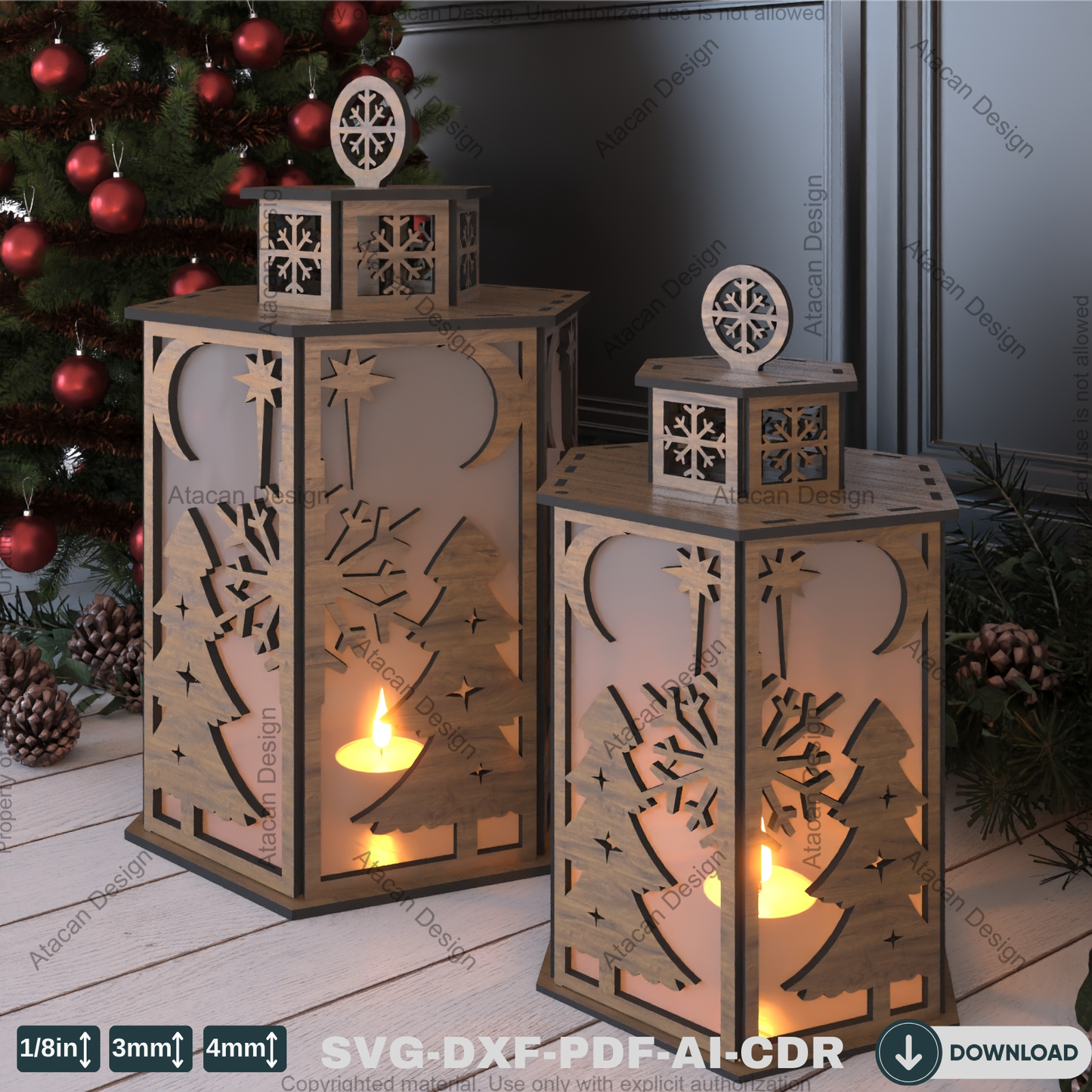 Christmas Night Light Pattern – DIY Laser Cut Candle Holder with Snowman & Tree Motifs 783