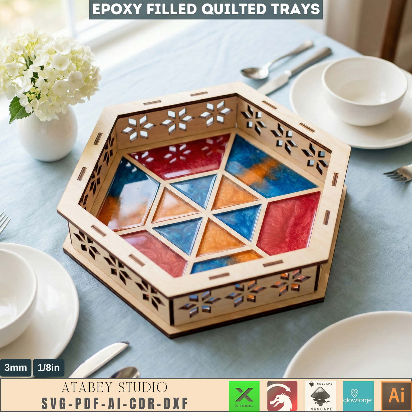 Tray Laser Cutting Templates, Epoxy Resin Filled Quilted Catchall Pattern, Hexagon Serving Dish Woodcraft Plan 991