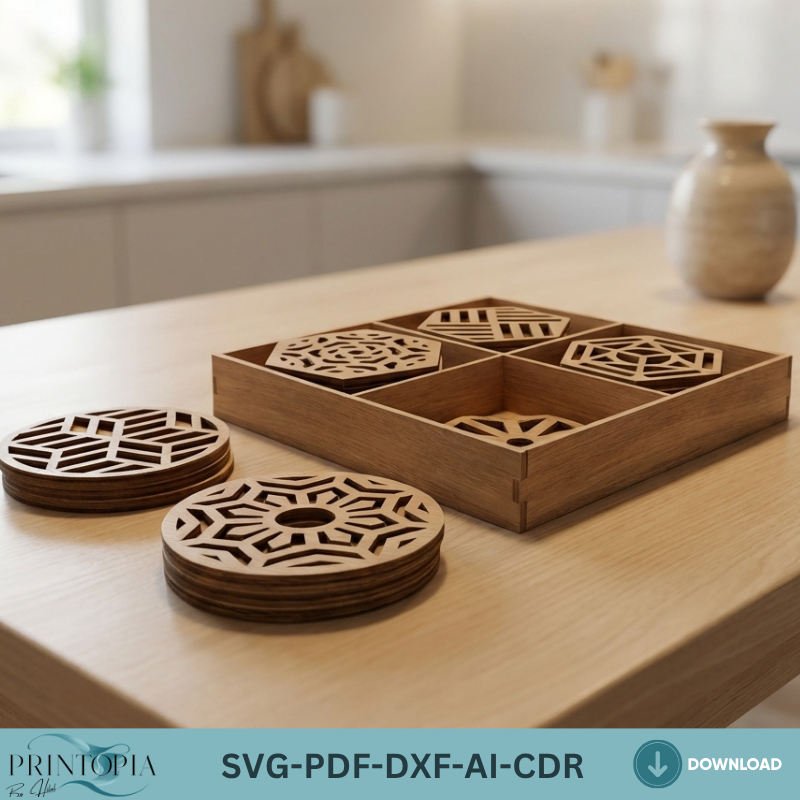 Laser Cut Coaster Bundle with Box for Glowforge xTool Geometric and Playing Card Suits Drink Coaster Designs