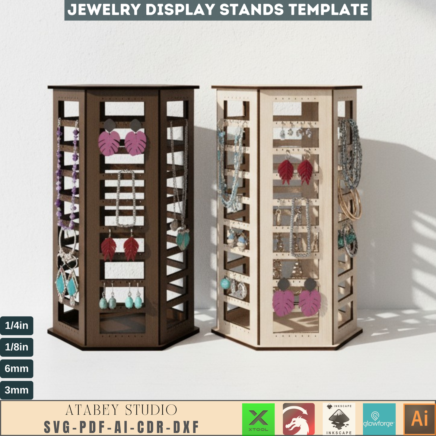 Laser Cut Jewelry Display Stand SVG, Earring Holder DXF, Necklace Organizer AI, Glowforge Ready Wooden Retail Display Template 738