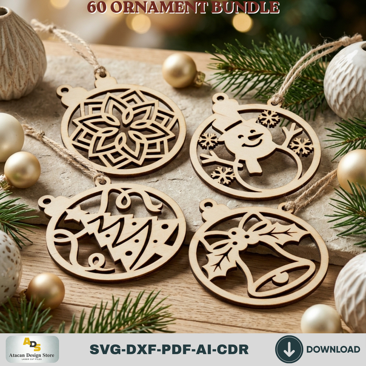 Laser Cut Christmas Ornament Bundle 60 Designs, Wooden Baubles and DIY Tree Decorations