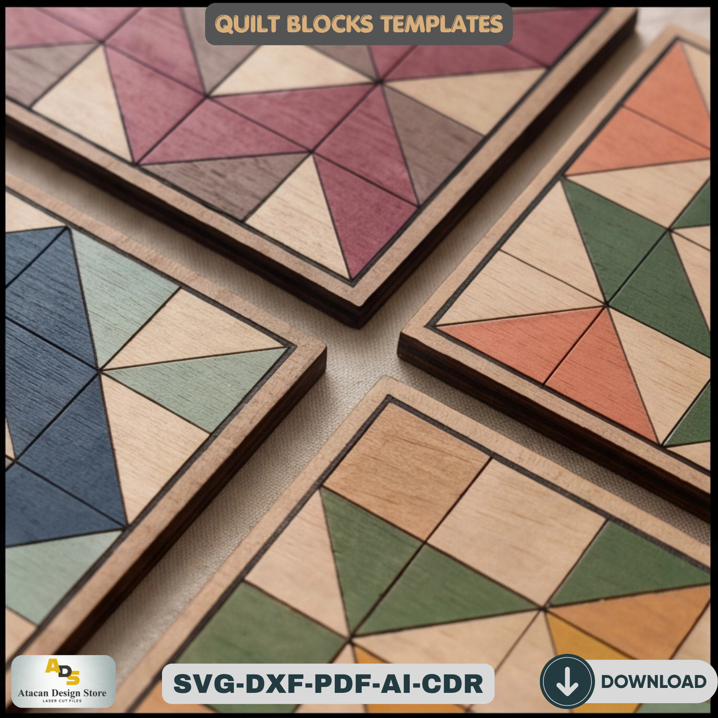 Barn Quilt Block Templates, Wooden Geometric Wall Art Pattern, Plywood Farmhouse Sign Making Plans,