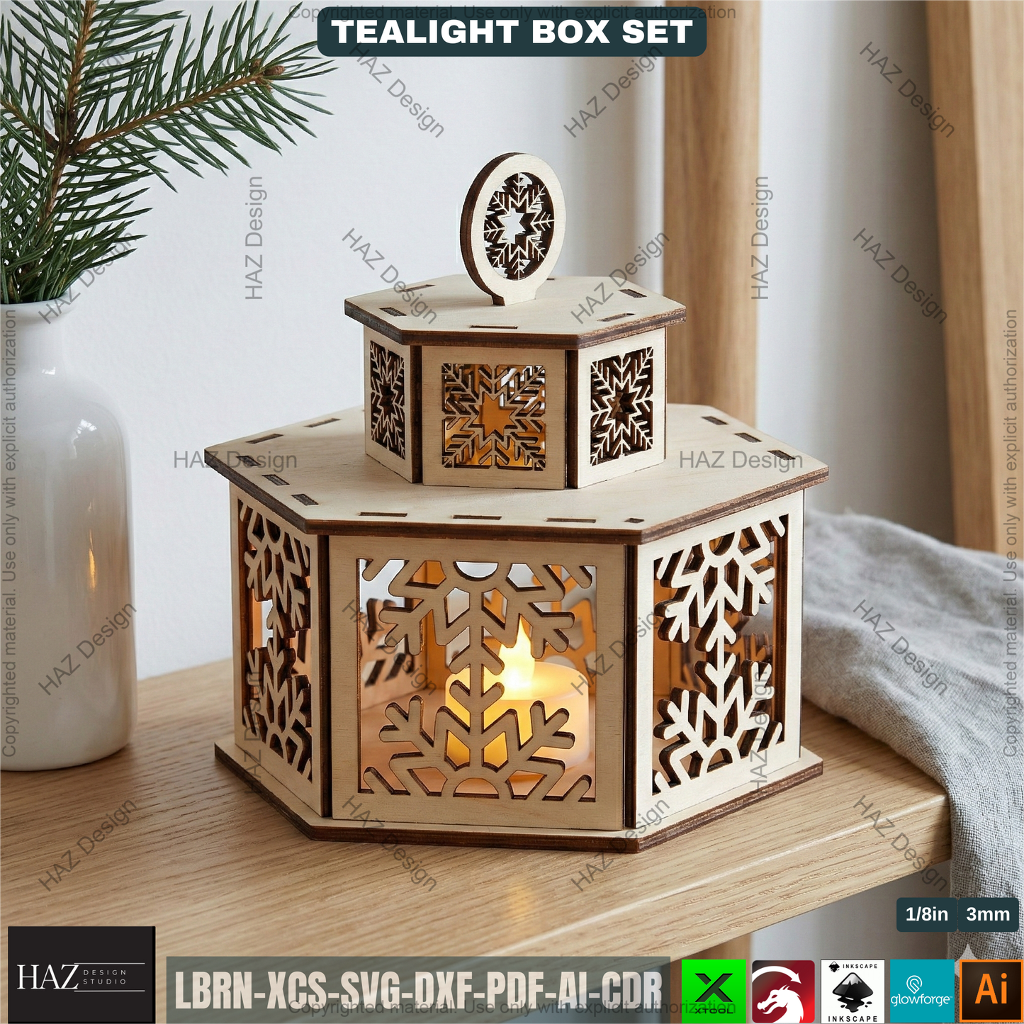 Festive Tealight Lanterns  – Christmas Candle Holder with Lid - Laser Cut Tabletop Decor - Tealight Box Lights 504