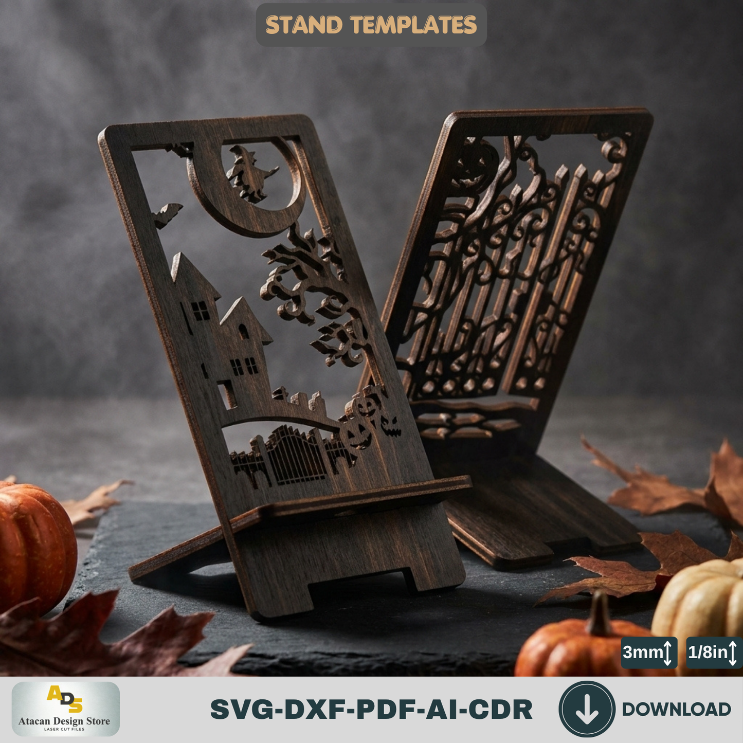 Halloween Stand Laser Cut Template Wooden Plywood Display Spooky Haunted House Phone Holder Pattern