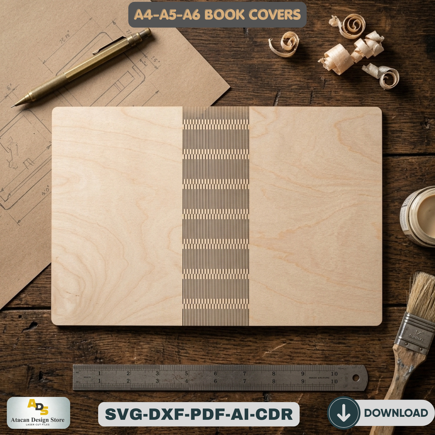 Wooden Laser Cut Book Cover Living Hinge Pattern A4 A5 A6 Journal Notebook Template