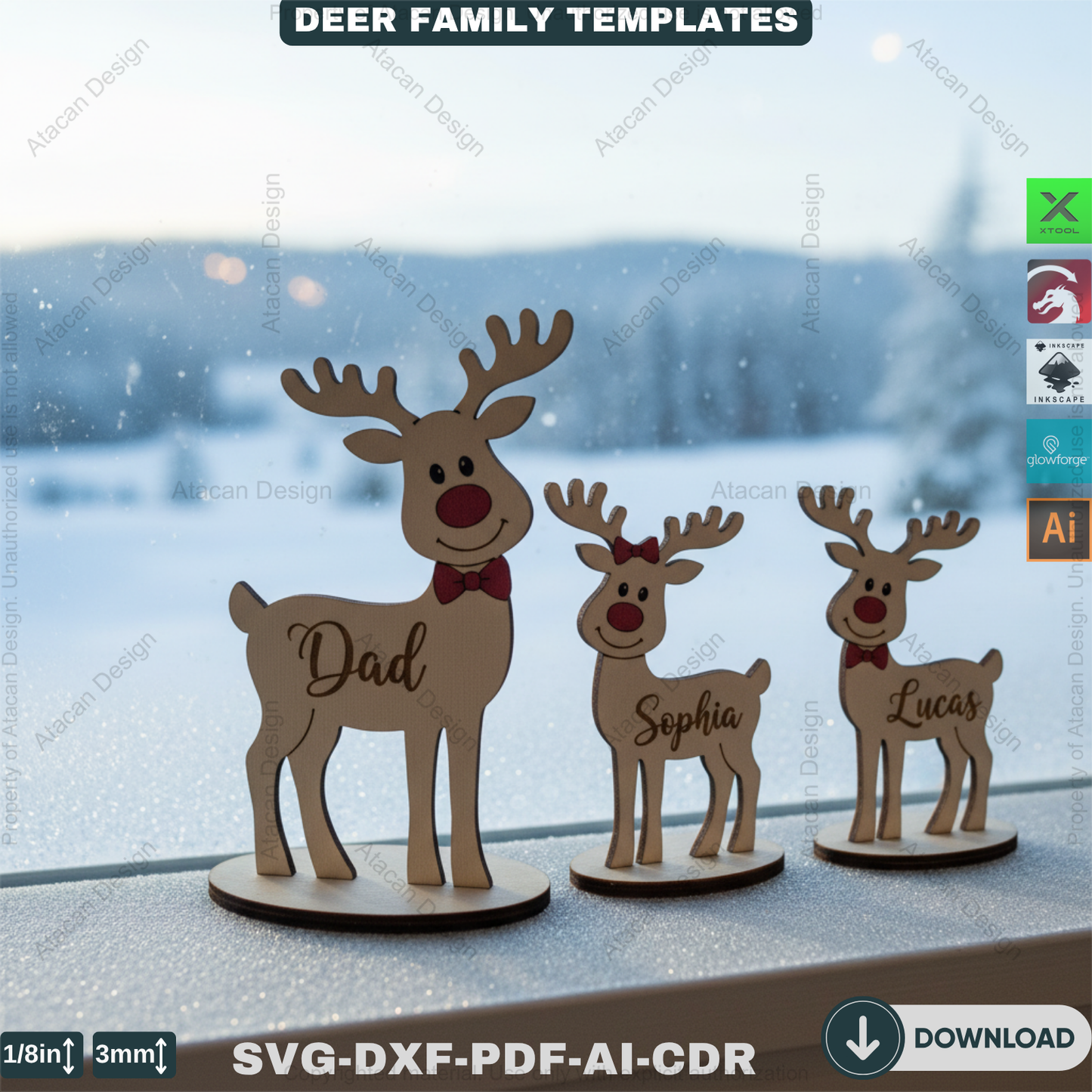 Custom Standing Reindeer Family Names Ornament, Freestanding Deer Laser Engraved Cut File, Christmas Decorations 916