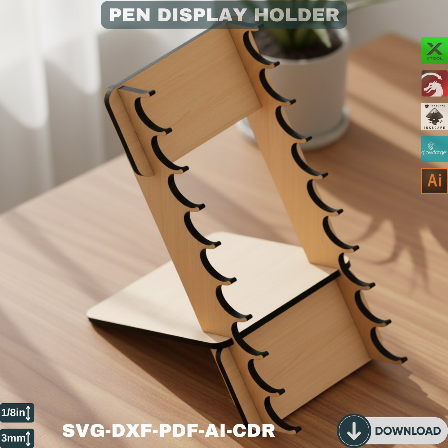 Laser Cut Pen Holder SVG, Wooden Pencil Stand, Desk Organizer for Pens, Digital Files for Glowforge XTool