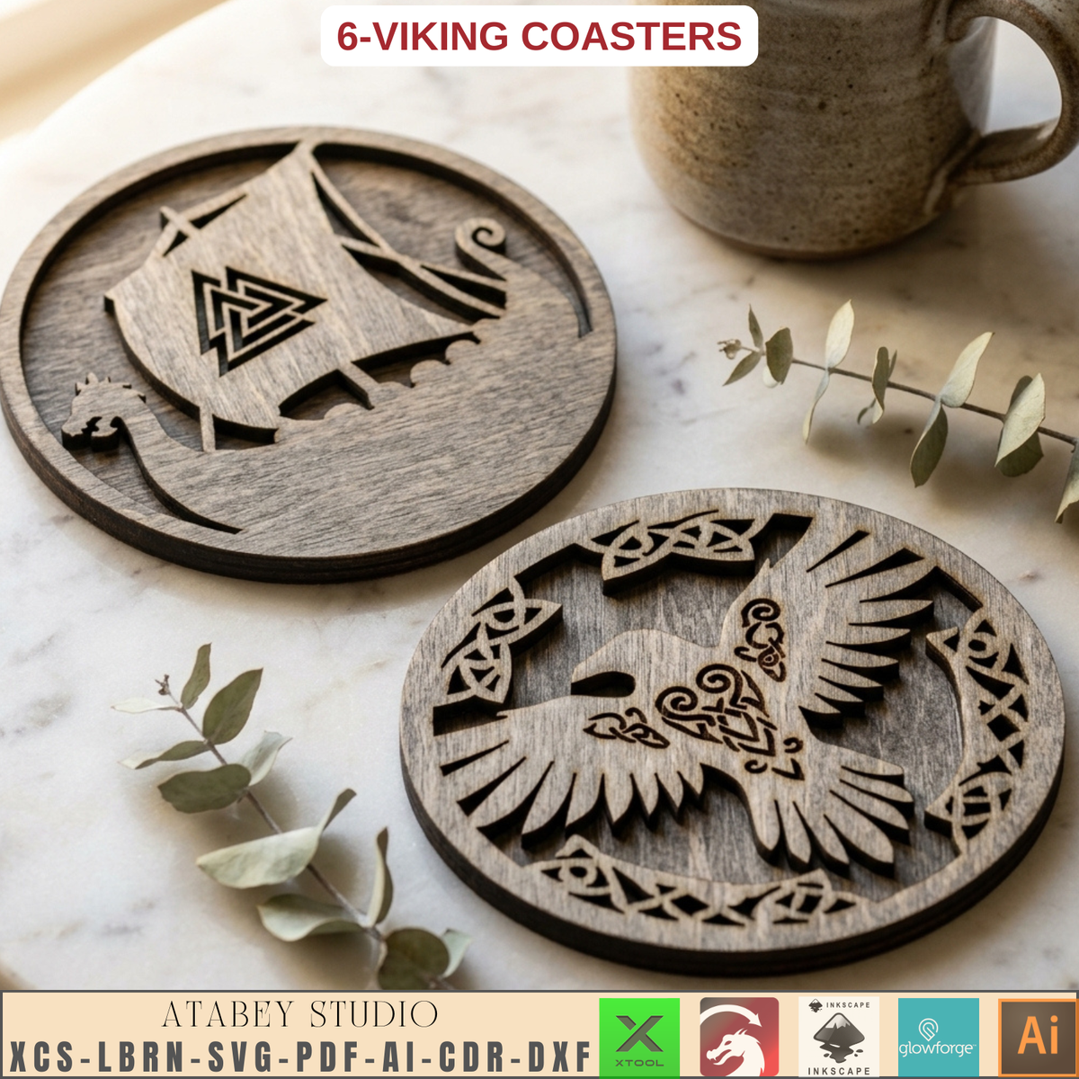 Viking Norse Coaster Laser Cut Files Raven Wolf Ship Celtic Wood Template
