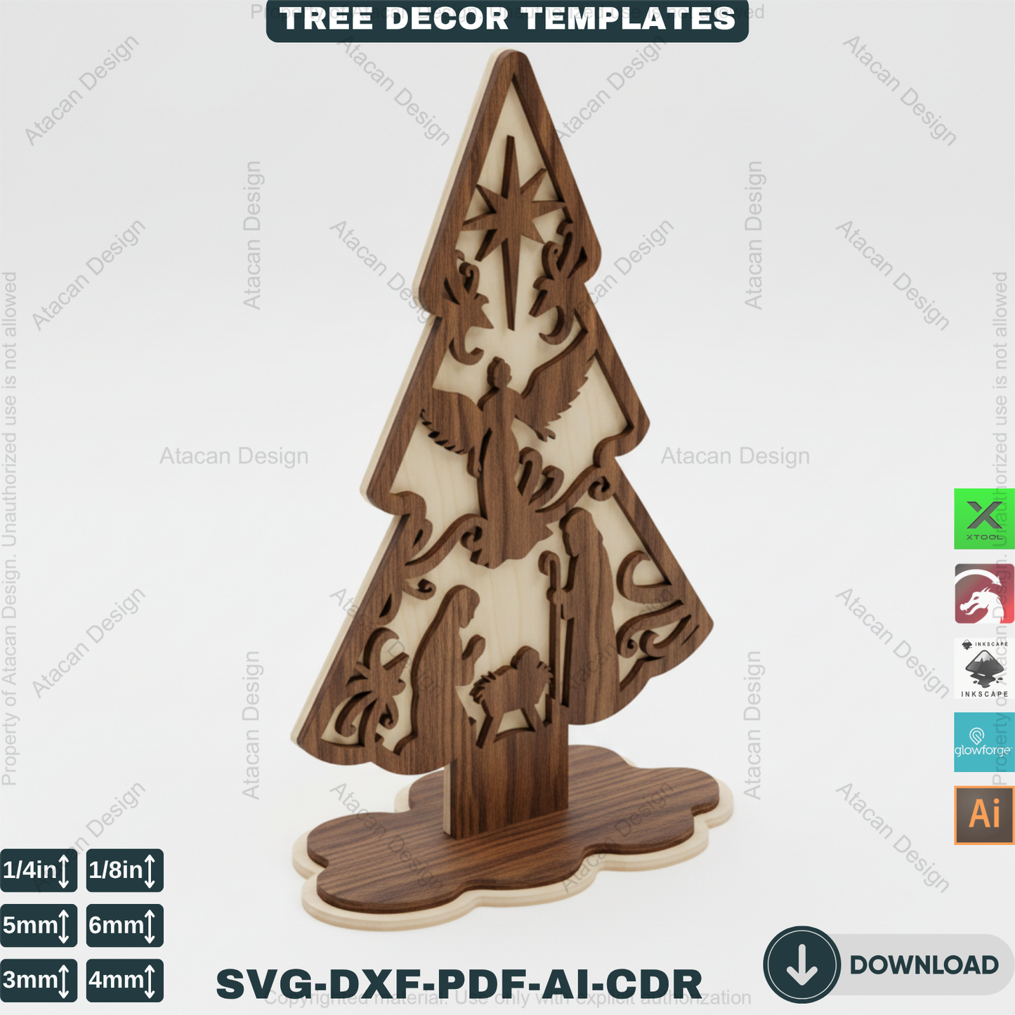 3D Standing Christmas Tree Decor Bundle | Laser Cut Wooden Tree Ornaments | Holiday Table Decoration | Xtool Craft Template 909