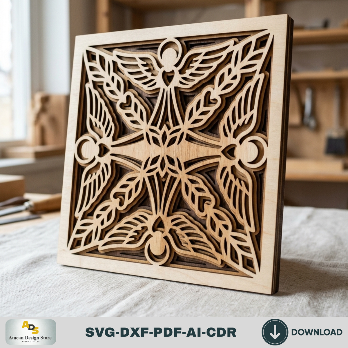 Religious Angel Mandala Laser Cutting File, Layered Plywood Wall Decor, Christian Gift Template 999