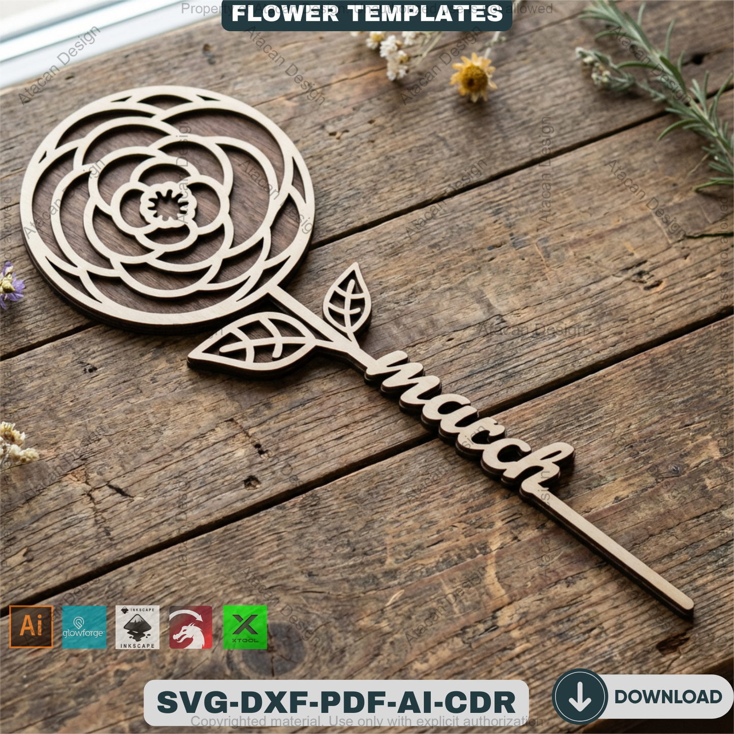 Birth Month Flower Laser Cut Bundle Wooden Floral Stakes Bouquet Topper Designs Personalised Mother Day Gift Laser Ready Templates 932