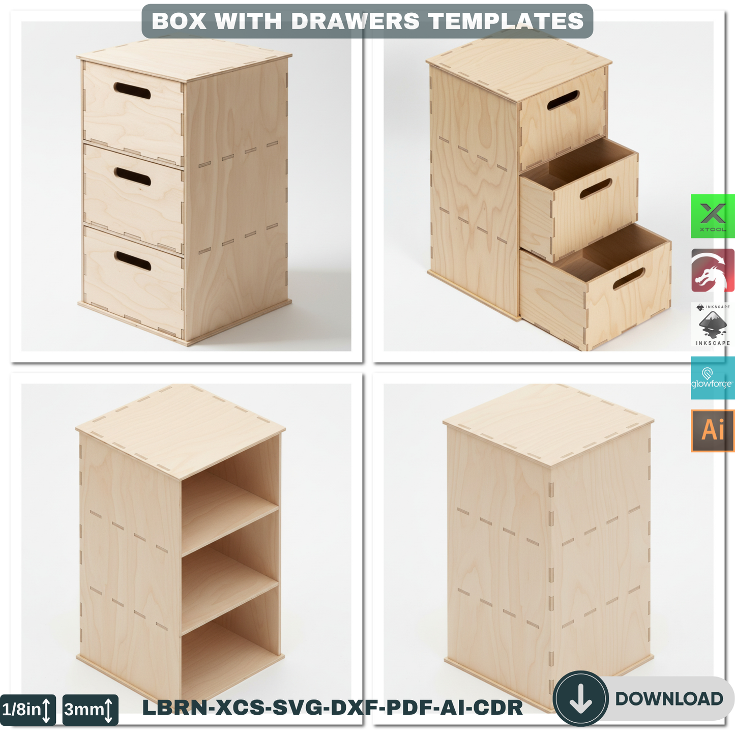Customizable Laser Cut Drawer Box Template, Modular Wooden Organizer SVG Files for Glowforge & Xtool 905