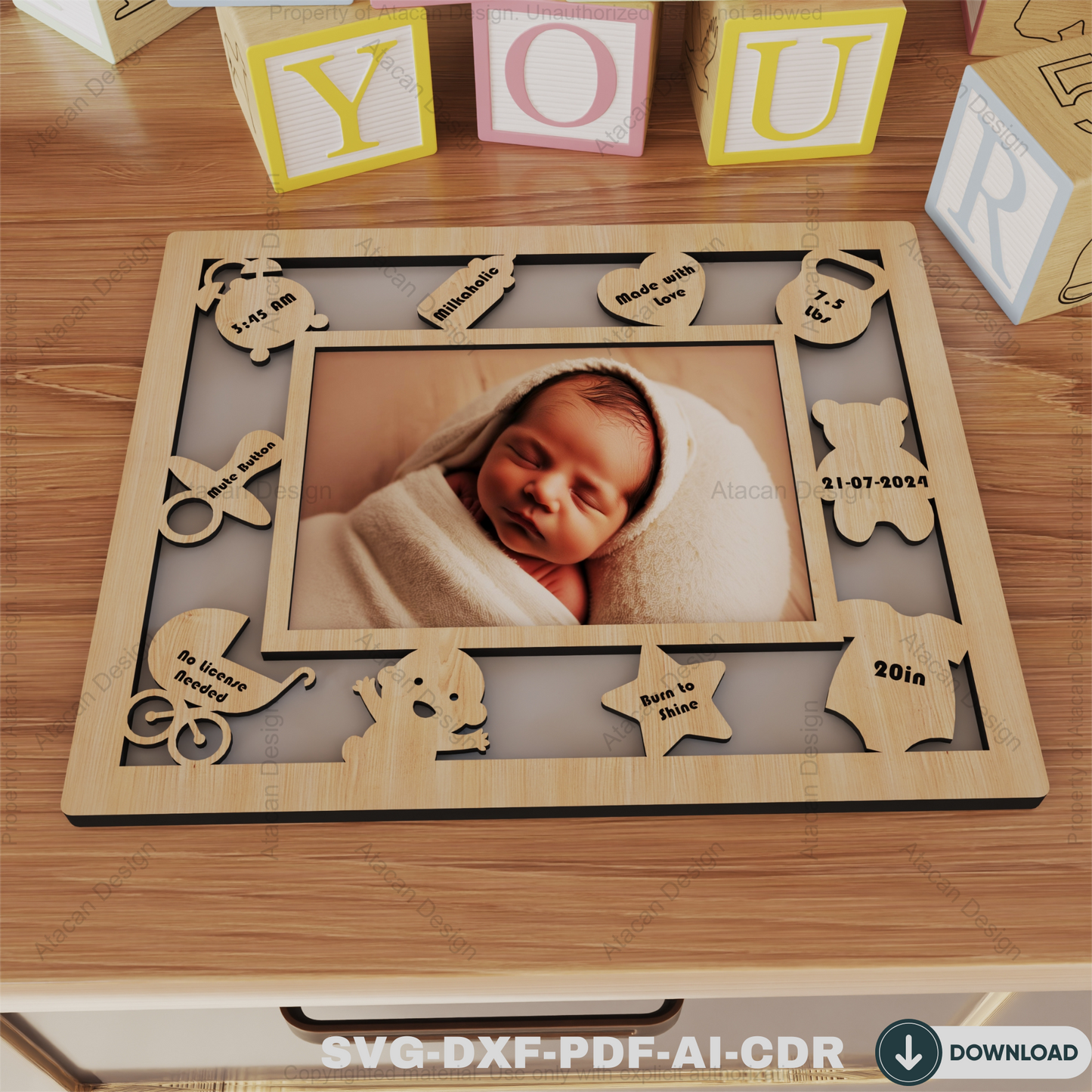 Personalized Baby Announcement Laser Cut Design | Custom Baby Birth Sign SVG ,Newborn Birth Details Photo Frame Design 813