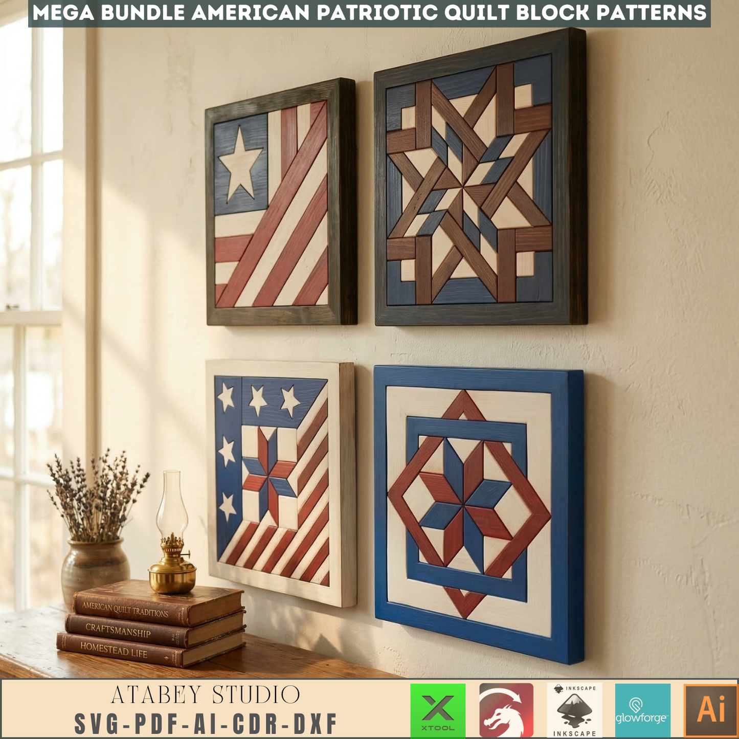 Patriotic Americana Quilt Block Wall Art Laser Cut Template Fourth of July Wooden Flag Pattern 999