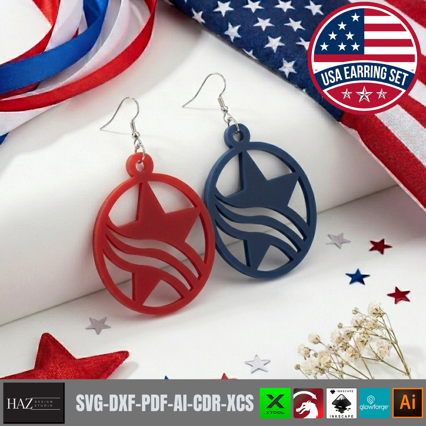 USA Flag Earring SVG Bundle, 4th of July Laser Cut File, Patriotic Acrylic Earring Template, Veteran Gift