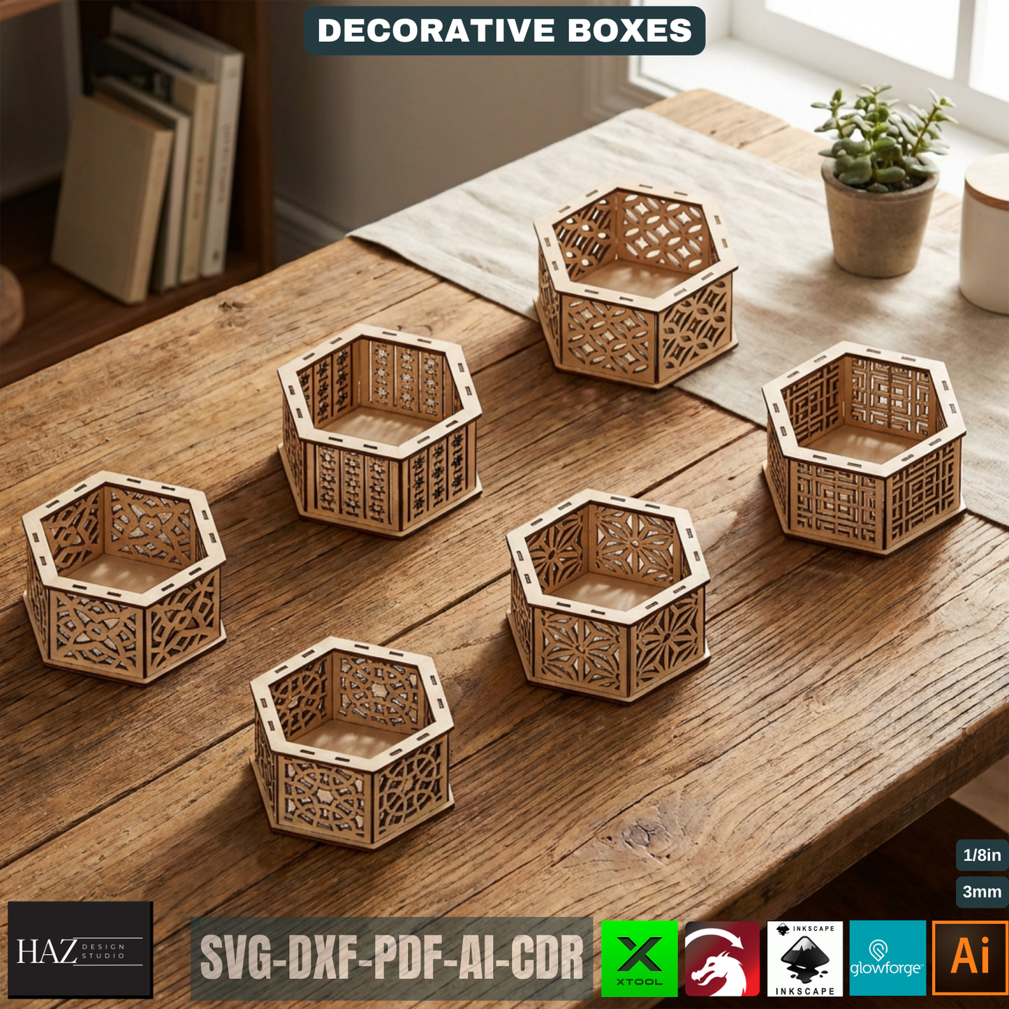 Decorative Hexagon Box Laser Cut Template Geometric Wood Storage Container Lidded Keepsake Pattern 521