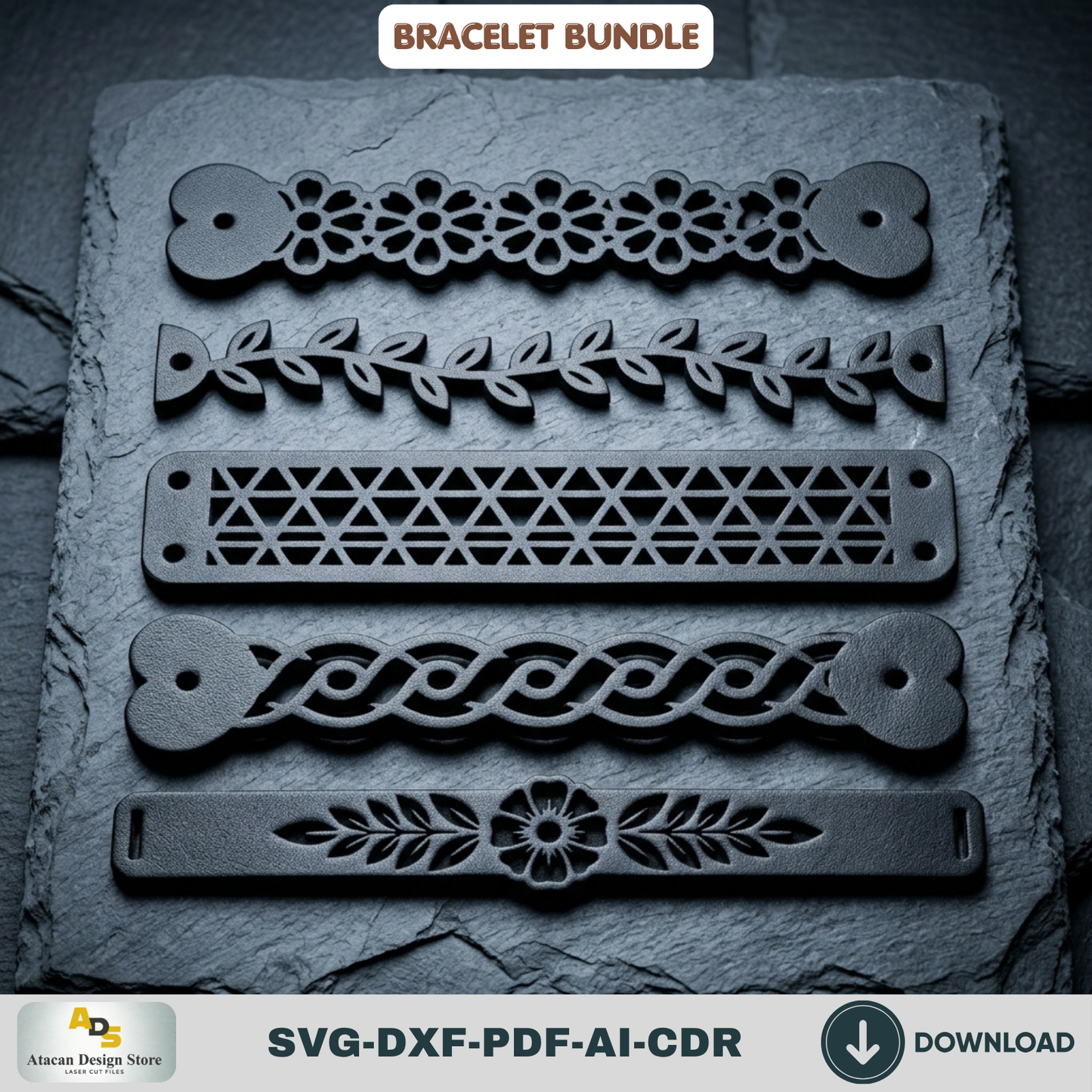 Leather Bracelet Laser Cut Template Bundle, Boho Geometric Cuff Wristband Pattern