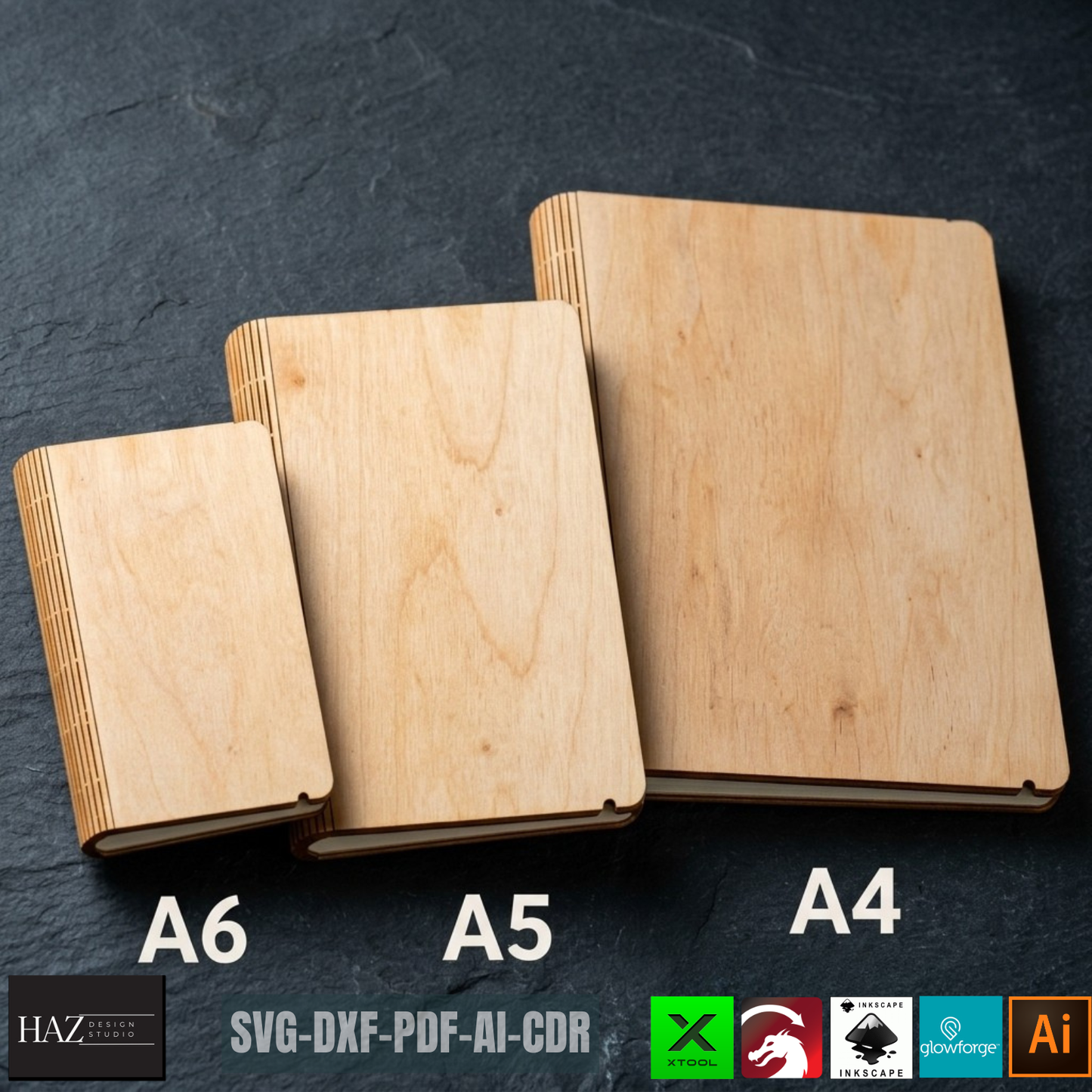 Wooden Laser Cut Book Cover Templates A4 A5 A6 Living Hinge Journal Notebook Case Design