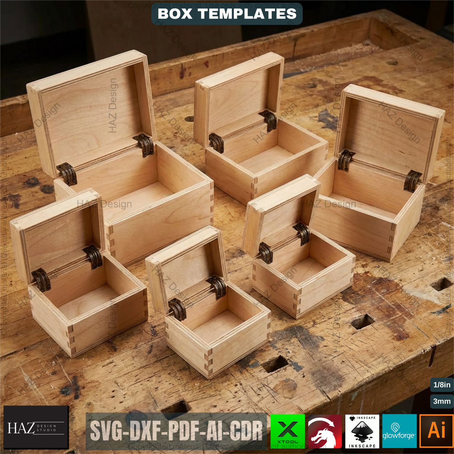 Box Laser Cut Pattern Bundle Hinged Keepsake Jewelry Box Digital Craft Design Custom Storage Case 523