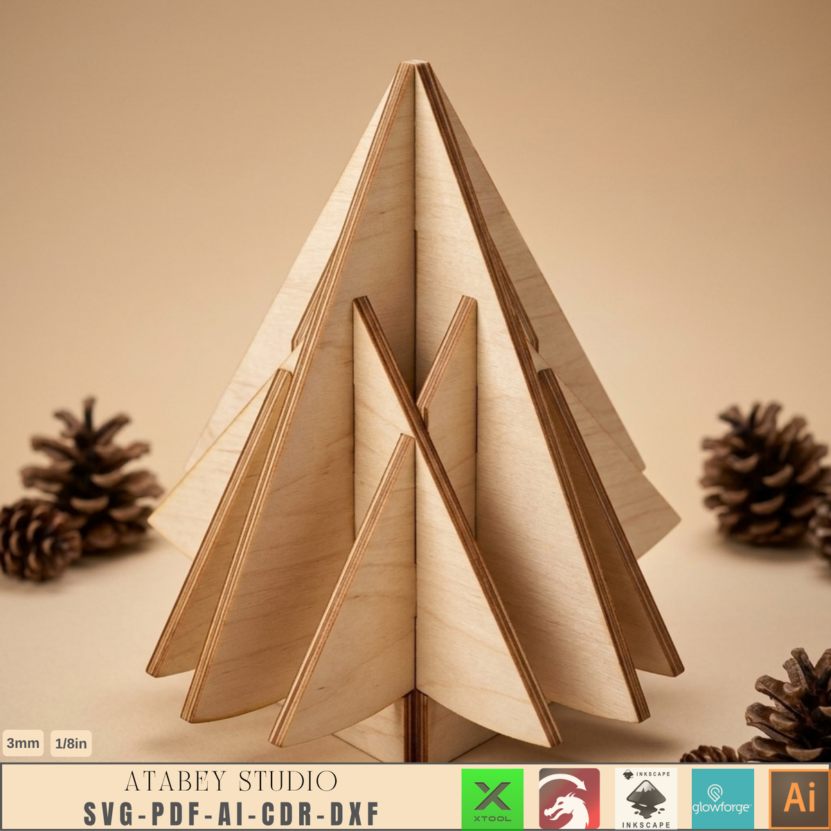 Plywood Christmas Tree Laser Cut File 3D Stand-Up Holiday Wood Decor DIY 1027