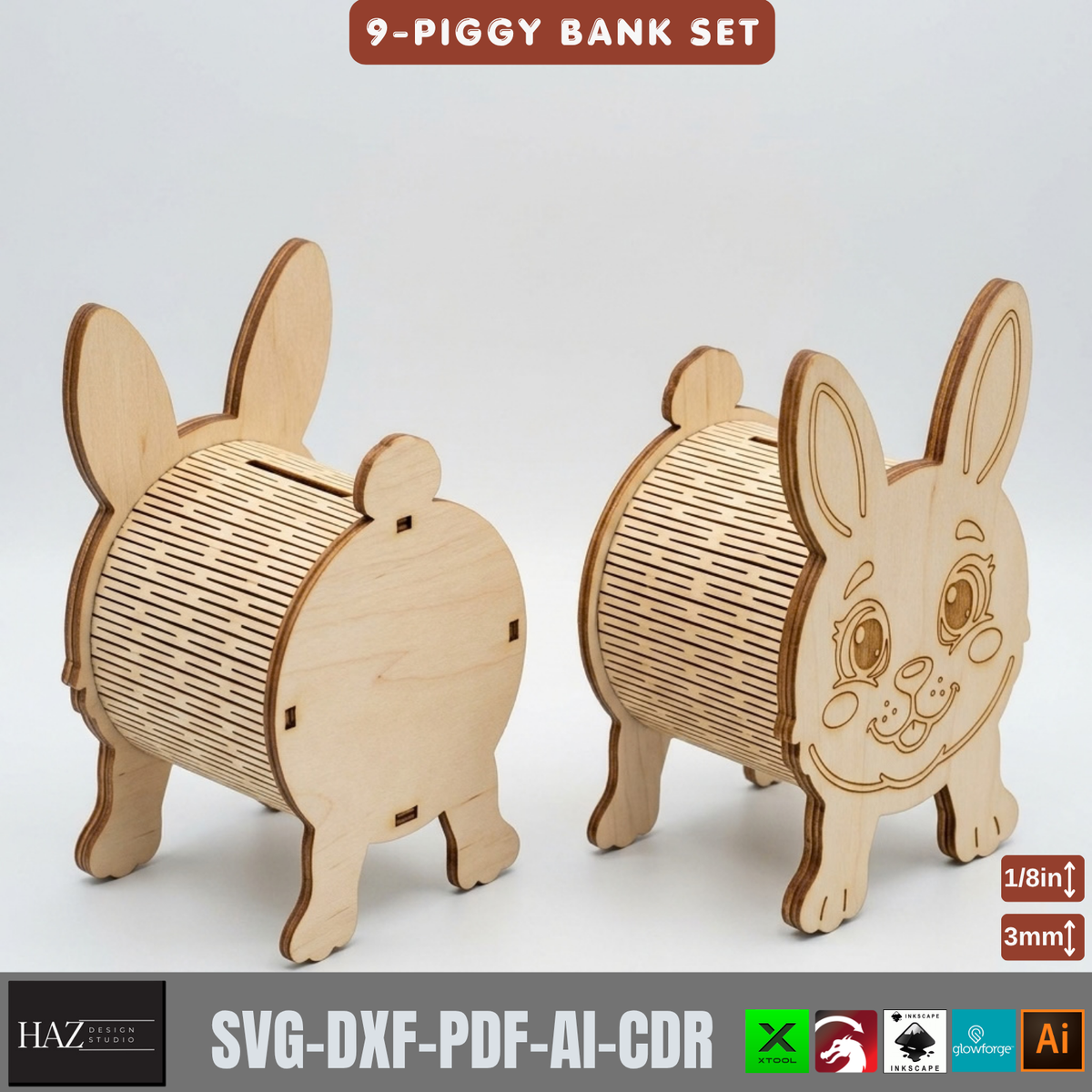 Wooden Animal Money Box Laser Cut Template, Cat Dog Pig Piggy Bank Set 574