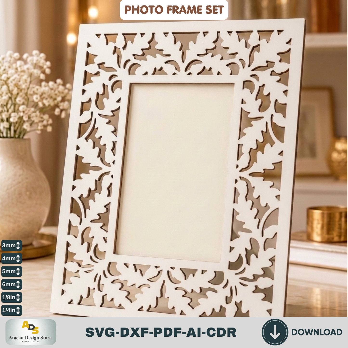 Laser Cut Photo Frame SVG Bundle – Floral Rustic Wood Home Decor Template