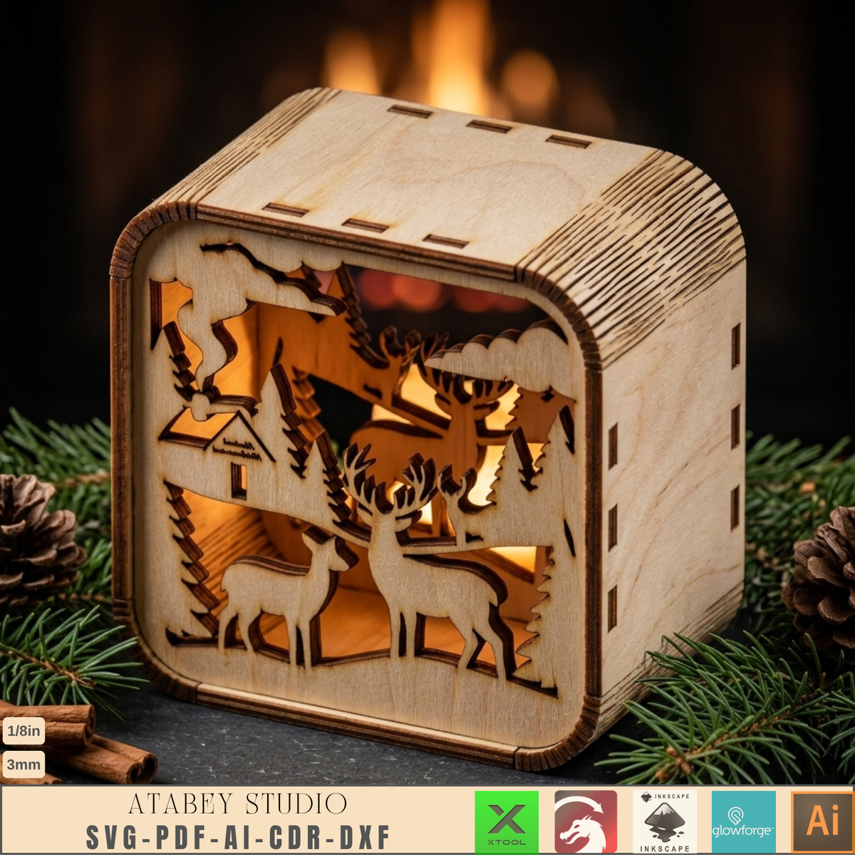 Wooden Christmas Shadow Box Lantern, Reindeer Santa Sleigh Candle Box Plans, Xmas Mantel Laser File