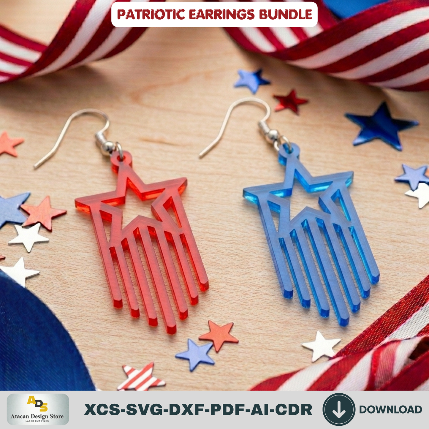 Patriotic Earrings Laser Cut Bundle, 4th of July USA Flag Acrylic Jewelry Template, Veteran Gift Design