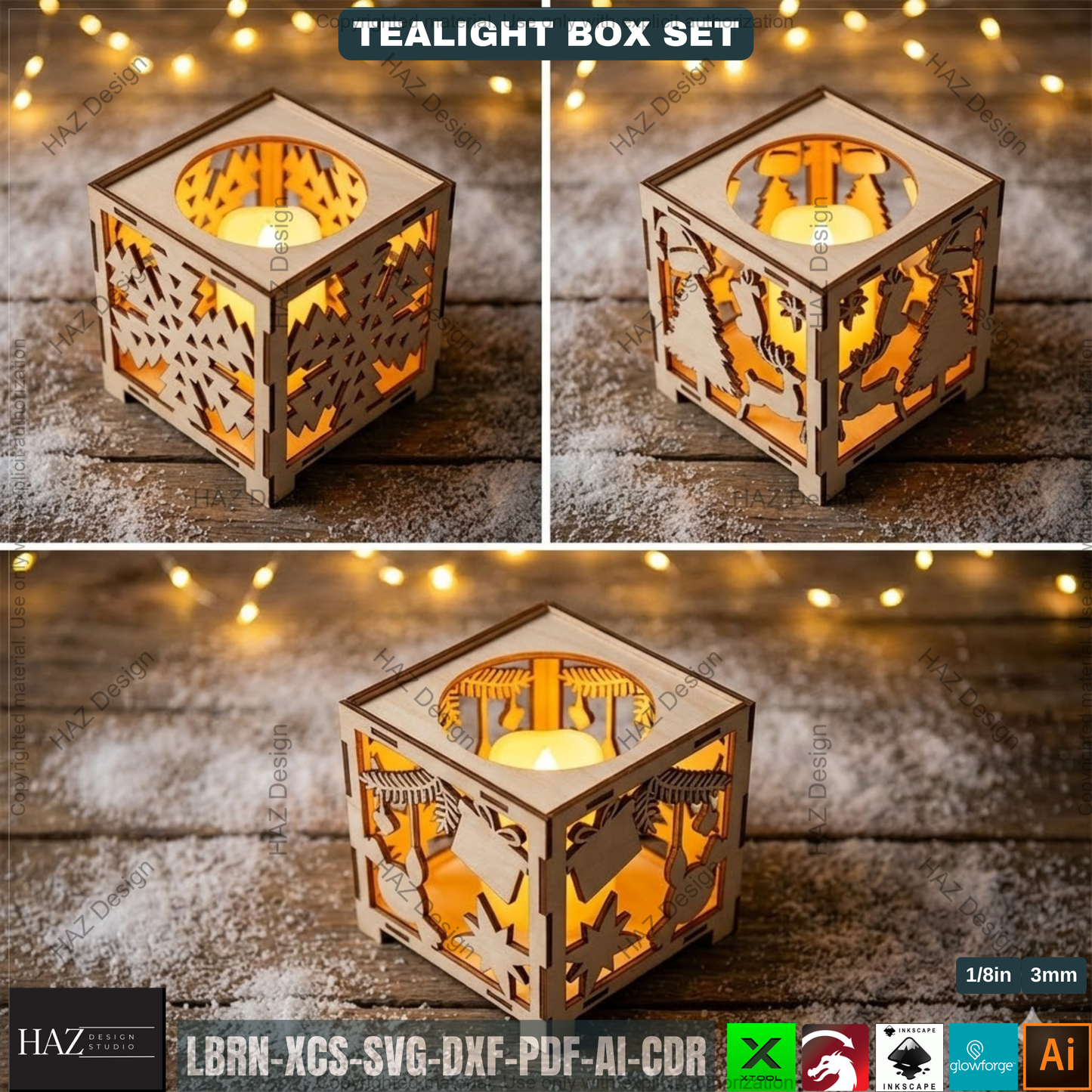 Tealight Holder Set Laser Cut Files, Christmas Candle Box Lantern, Tabletop Decor, Vector Templates 507