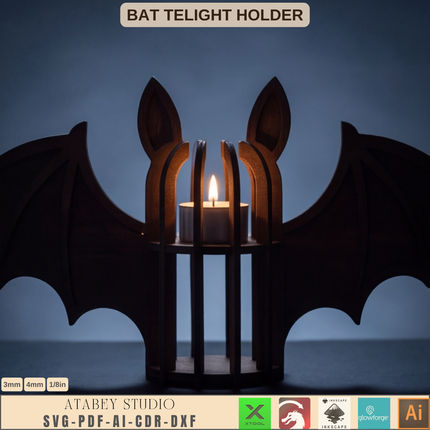Halloween Bat Tea Light Holder Laser Cut File Wooden Lantern SVG Template
