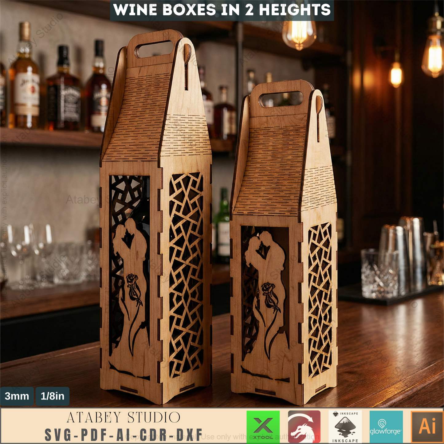 Laser Cut Wine Bottle Gift Box Bundle Wooden Wine Carrier with Handle DIY Elegant Wine Holder 986