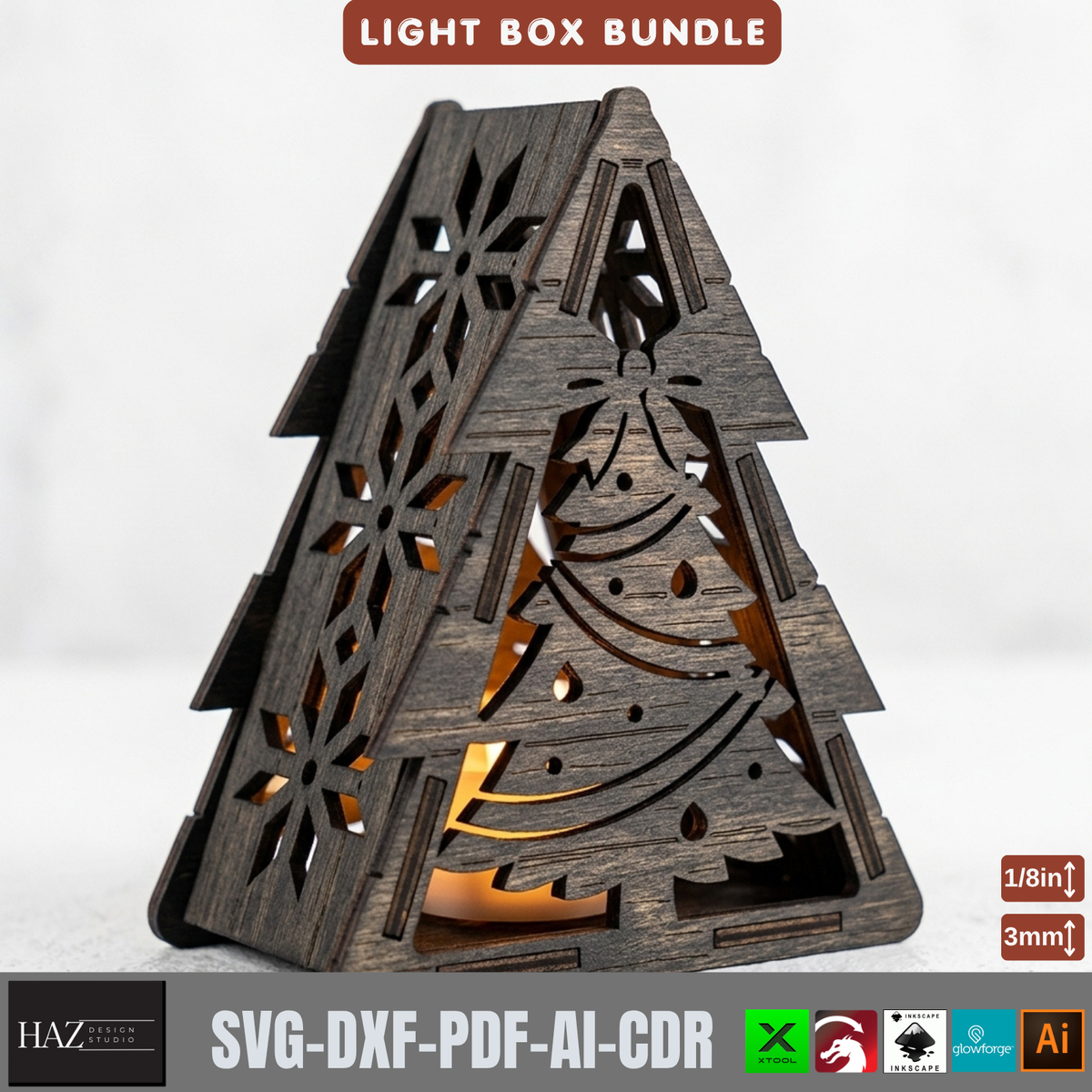 Wooden Christmas Light Box SVG Bundle, 9 Tealight Candle Holder Templates, Laser Cut Xmas Decor 580