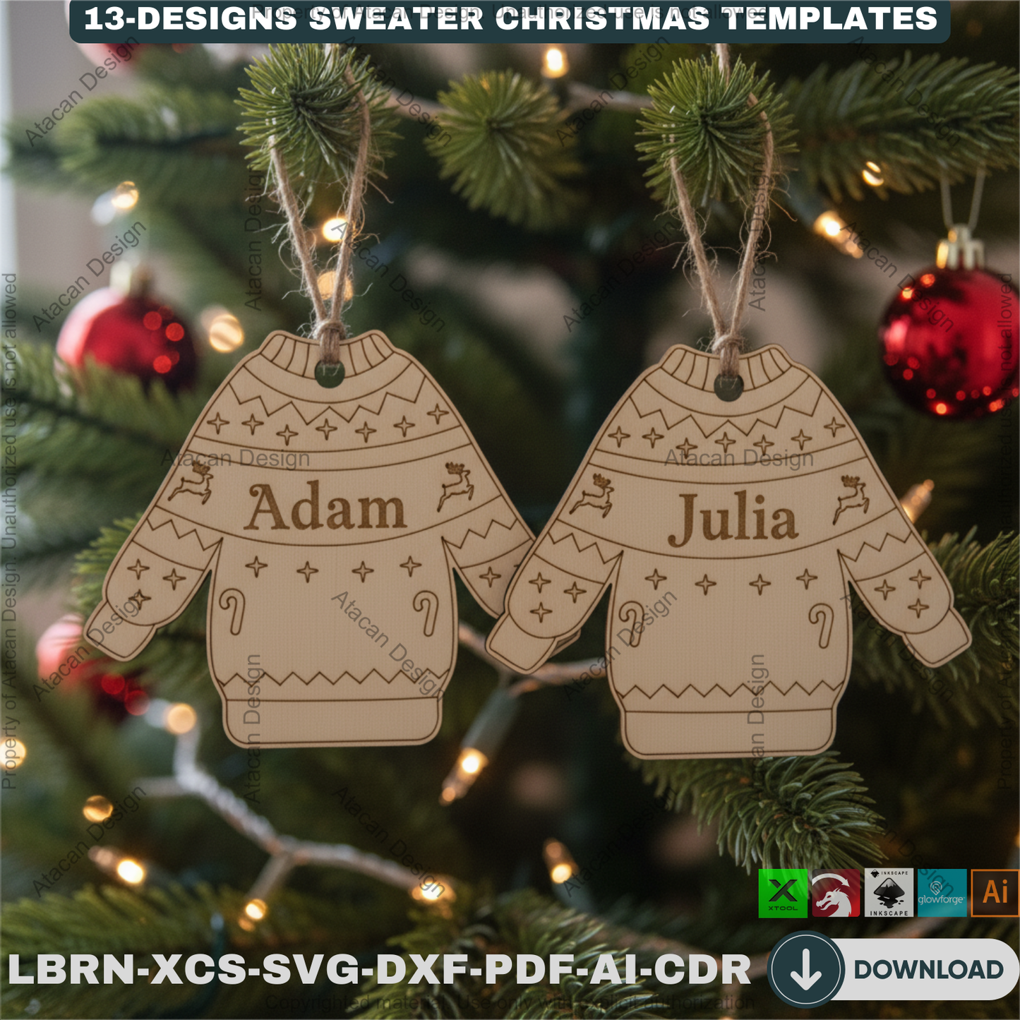 Personalized Sweater Christmas Ornament Bundle | 13 Holiday Designs | Laser Cut Template Set for DIY Xmas Gifts 918