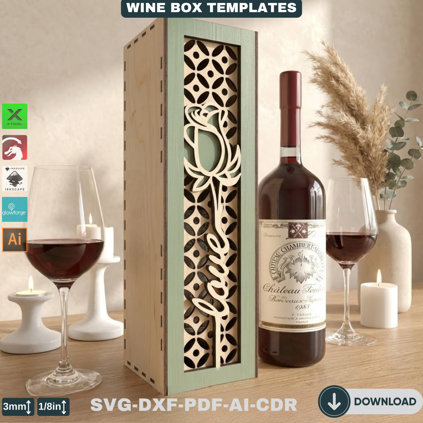 Luxury Wooden Wine Holder - Ideal for Weddings, Anniversaries, and Gift Giving-Elegant Wooden Wine Box with Rose Theme 800