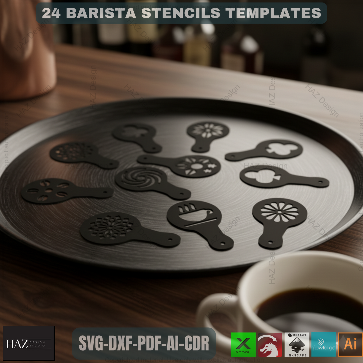 24 Coffee Stencil Set, Barista Latte Art Templates, DIY Kitchen Decor Stencils, Reusable Coffee Decorating Tools 478