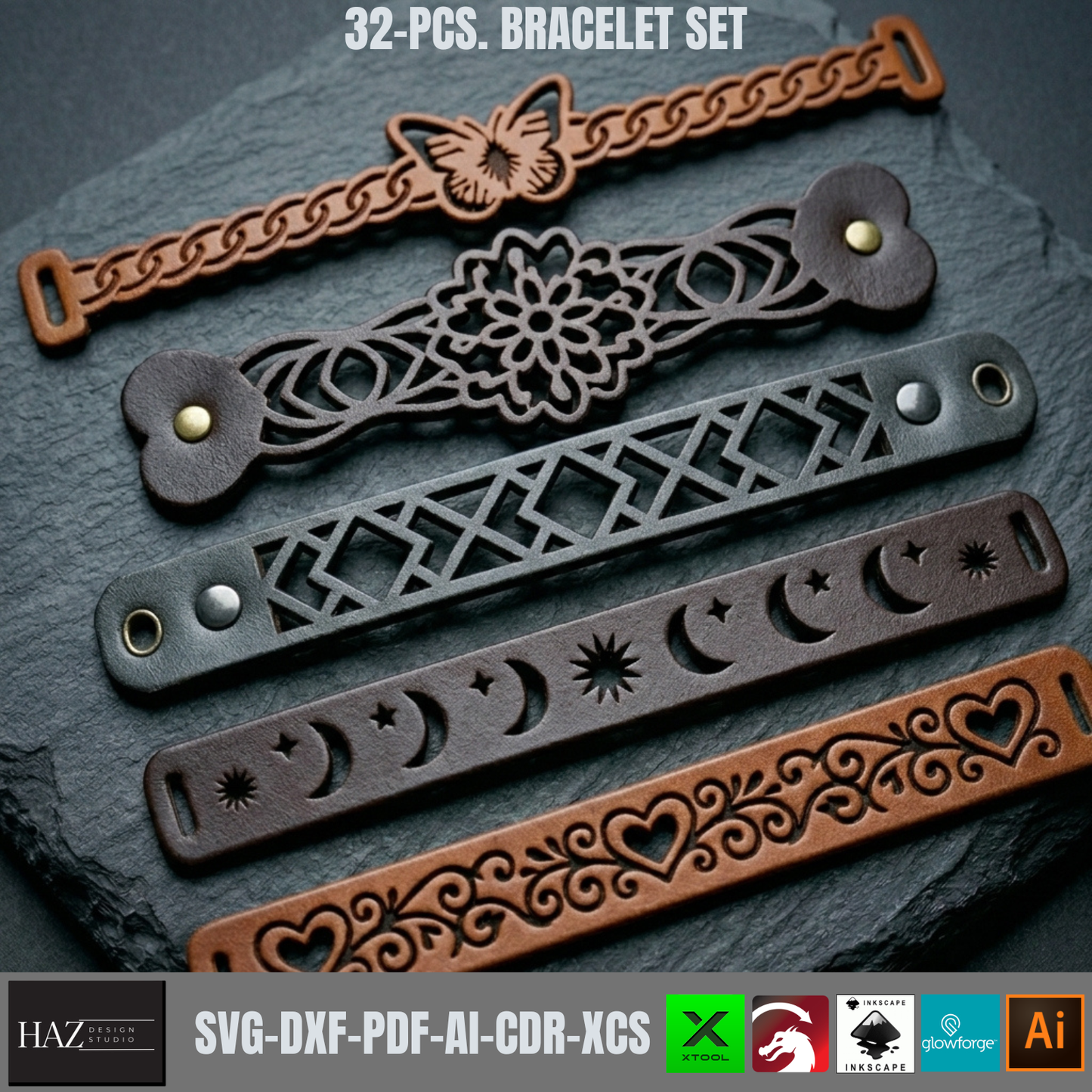 32 Pcs Leather Cuff Bracelet SVG Bundle, Laser Cut Templates , Geometric Pattern Wristband