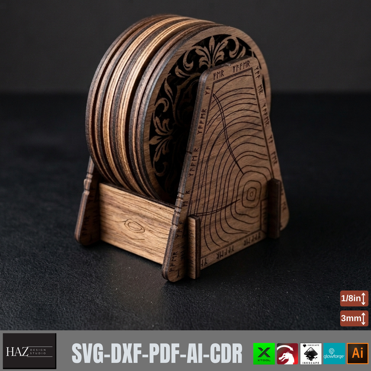 Viking Playing Card Coaster Templates, Rustic Norse Knotwork Wooden Coaster Designs 579