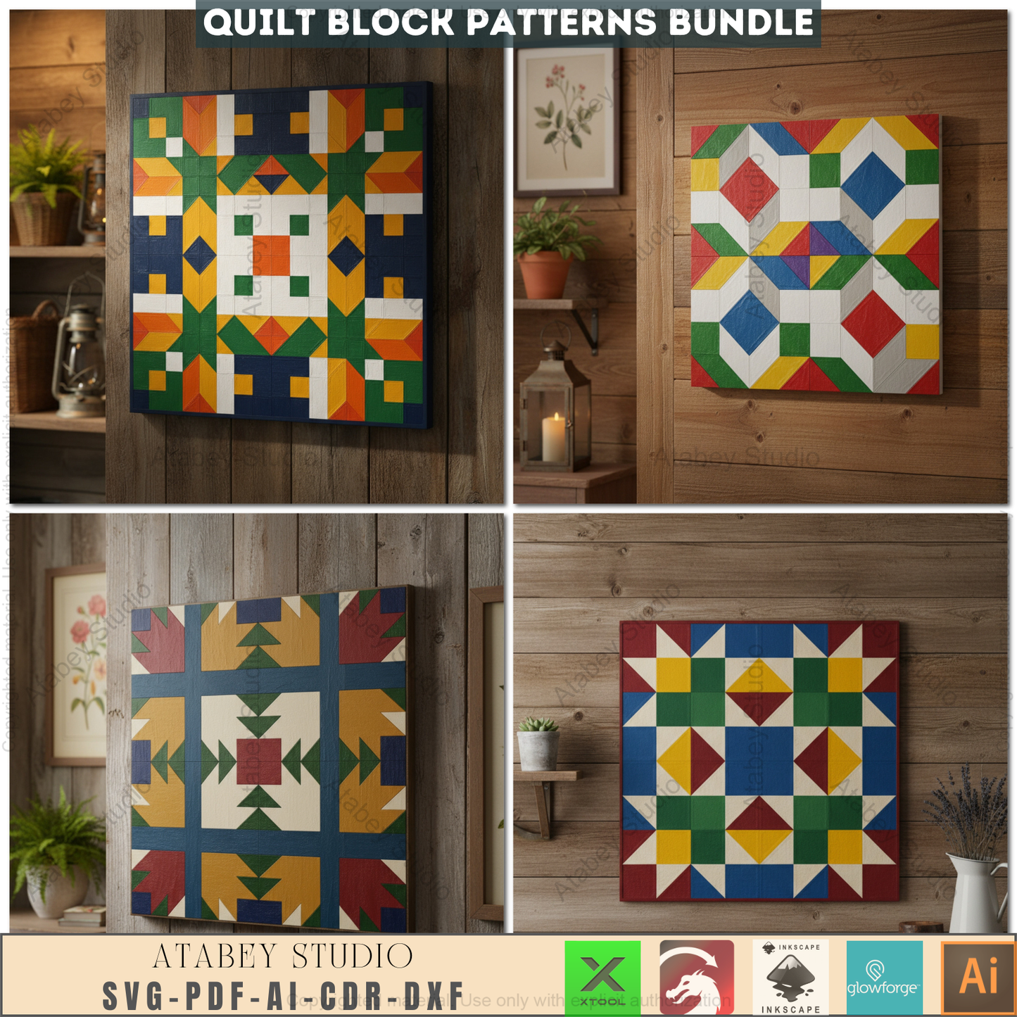 40 Unique Barn Quilt Block Patterns, DIY Quilt Square Designs, Farmhouse Decor SVG Files, Laser Cut Ready Templates 969