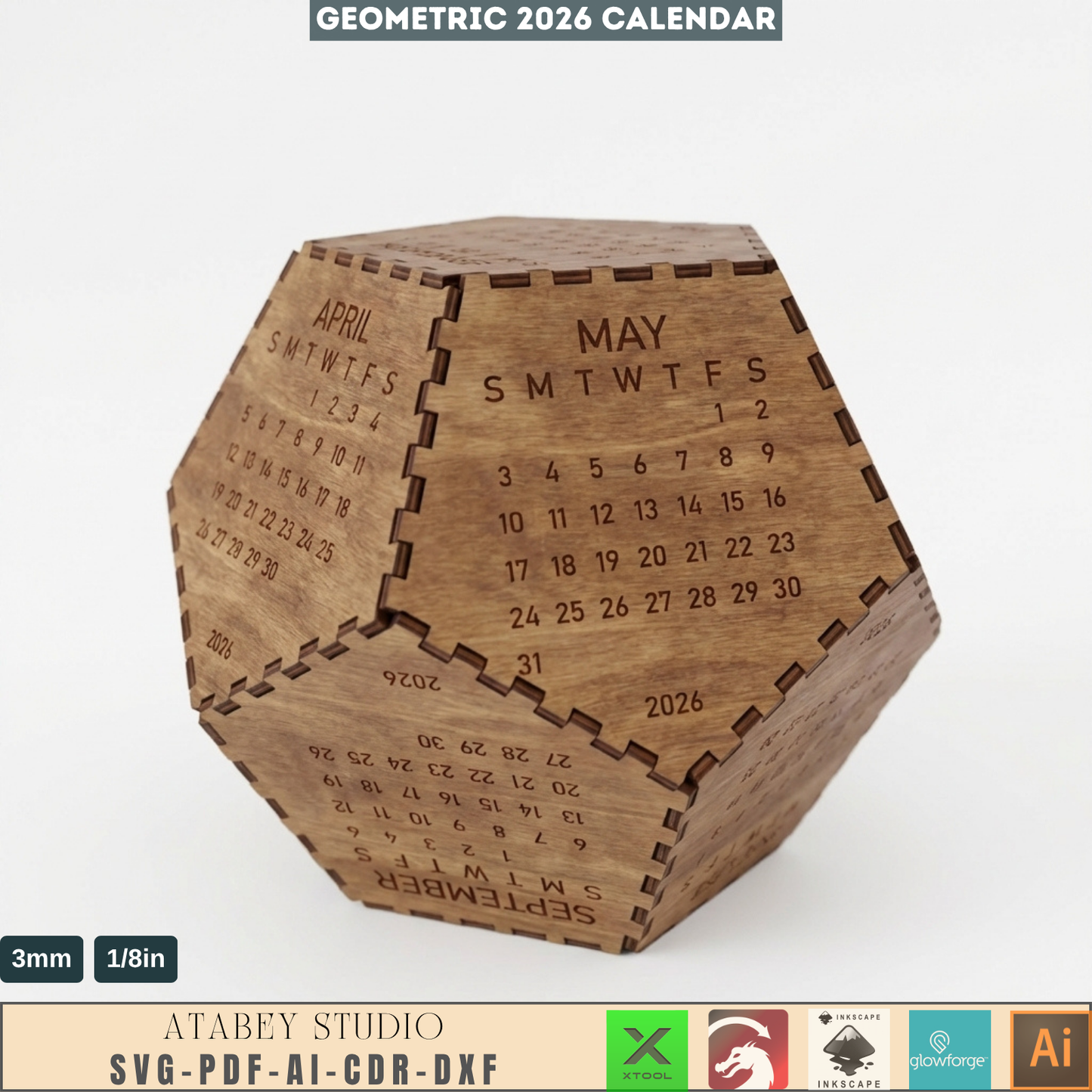 2026 Dodecahedron Desk Calendar LaserCut Wooden Geometric 12 Sided Calendar 3D Desktop Decor